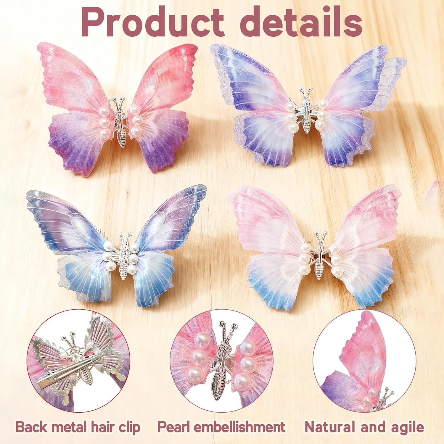 Set of 4 Butterfly Hair Clips Girls, 3D Butterfly Hair Accessories, Movable, Glitter Colour Gradient Hair Accessories, Women Children, Butterfly Hair Clip Decoration, Butterfly Clip Set for Bridal image number 2