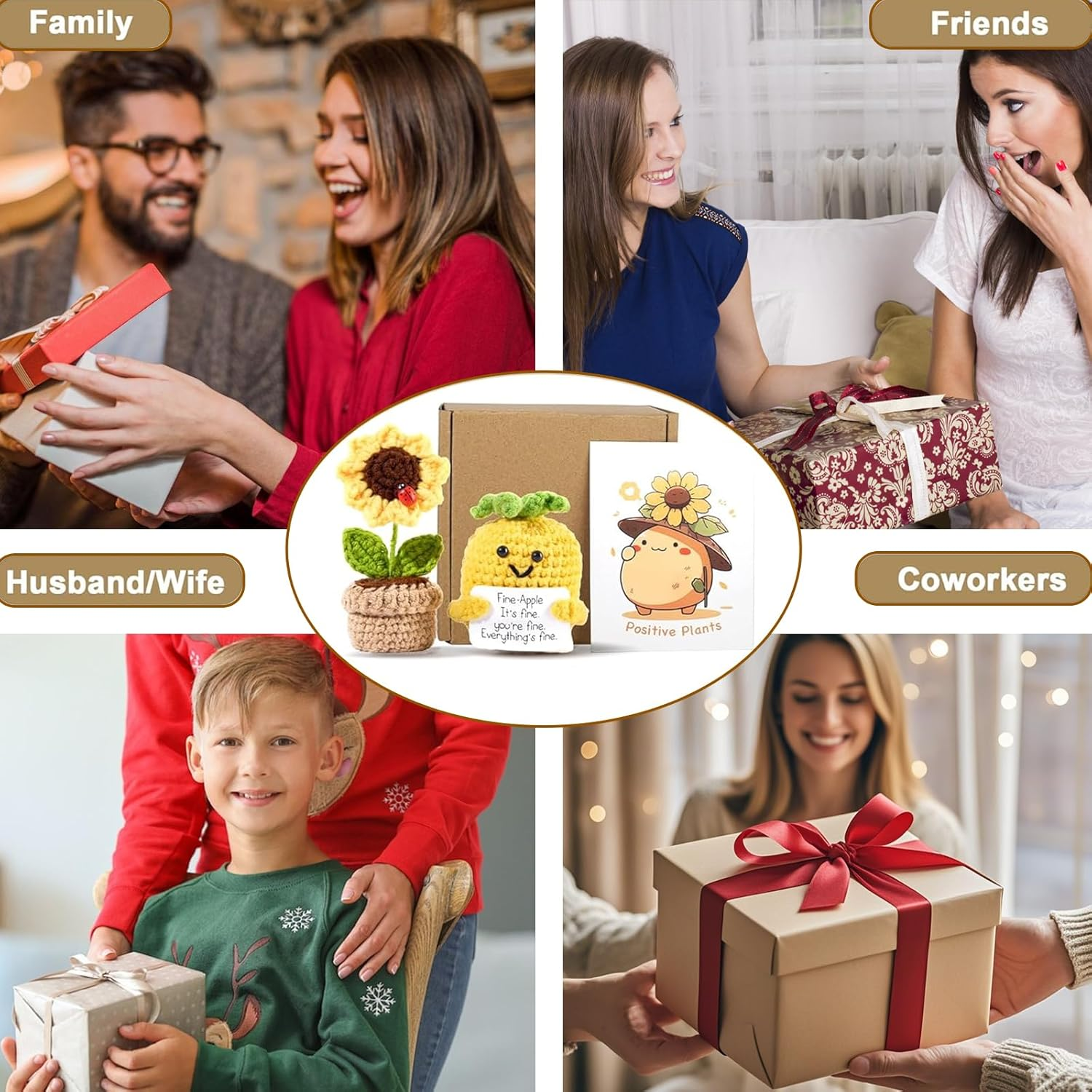 2PCS Handmade Crochet Yarn Decor &ndash; Funny Sunflower & Pineapple Desk Accessories, Emotional Support Gifts for Women, Friends, Office &ndash; Fiber Art Knitted Ornaments, Not Toys image number 2