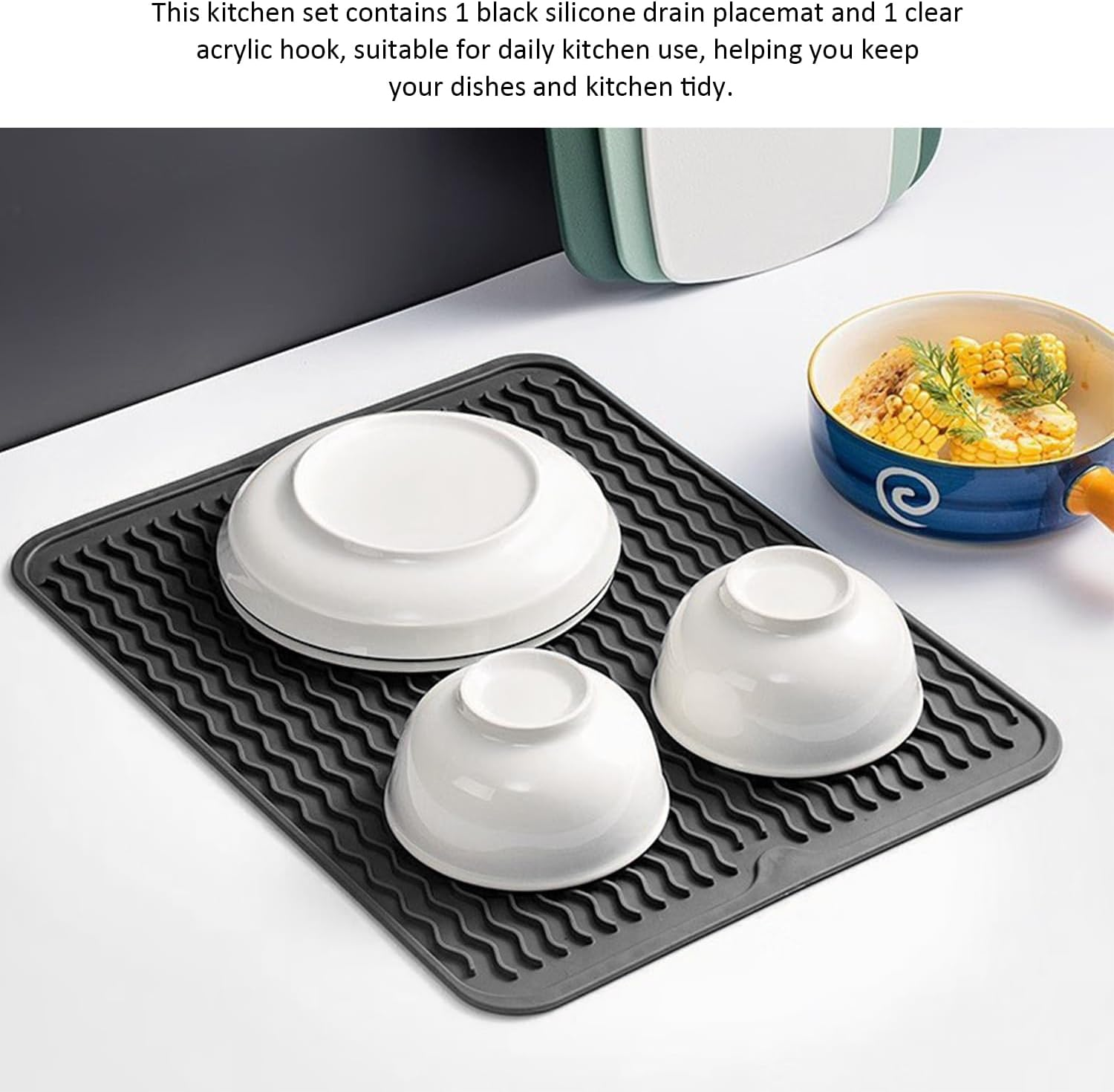 ZBHDEYG 1 Piece Drying Placemat, 1 Piece Hook, Silicone Dish Drying Mat, Dish Drying Mat, Kitchen Drying Mat, Non-Slip Bowl Mat