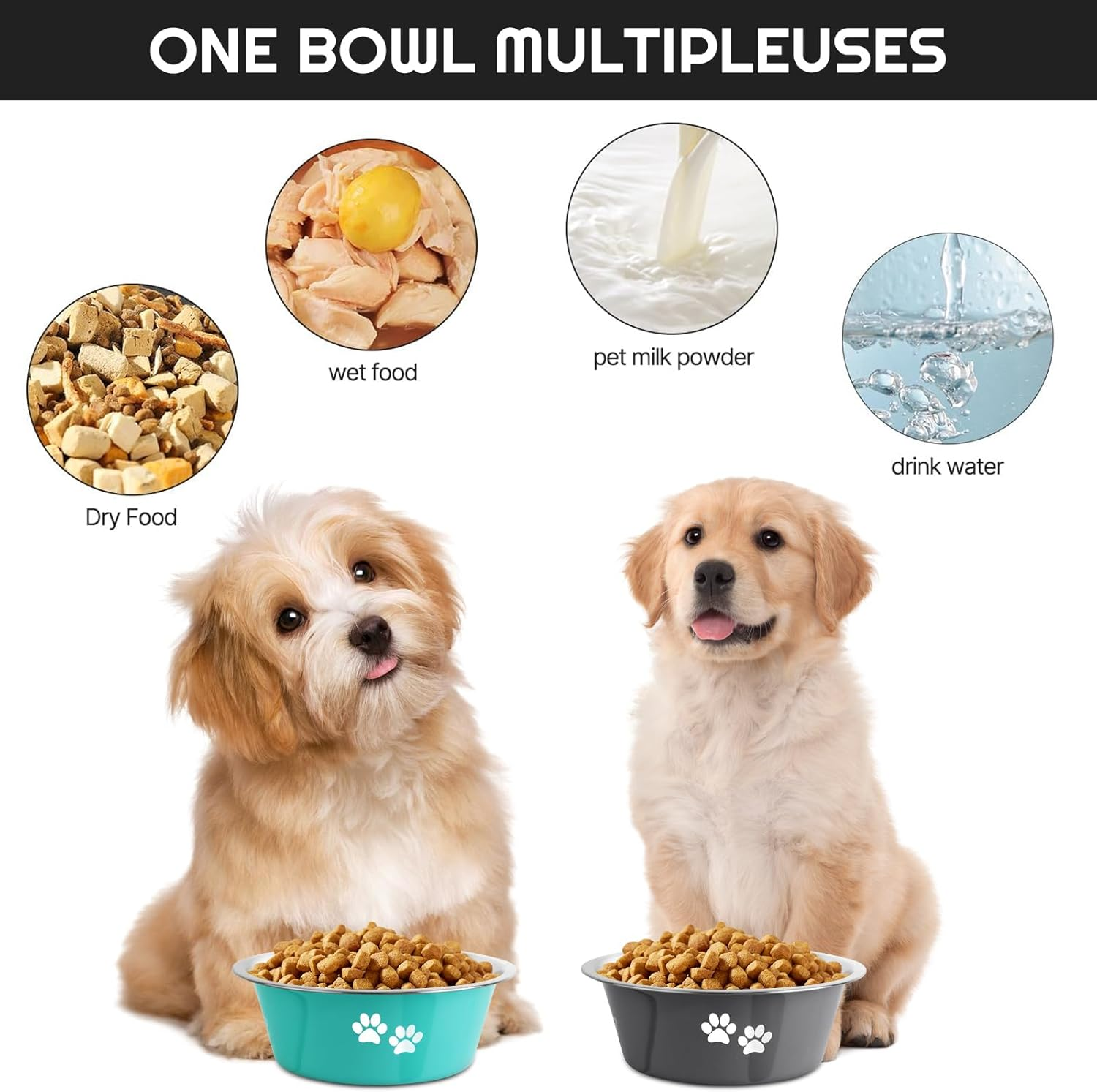 Stainless Steel Dog Bowls 2 Pack Small Medium Dogs Feeding Food Water Bowl with Non-Slip Silicone Sole, Stainless Steel Dog Dishes Elevated Raised Pet Feeder(Green+Grey, M(3.6 Cups) image number 5