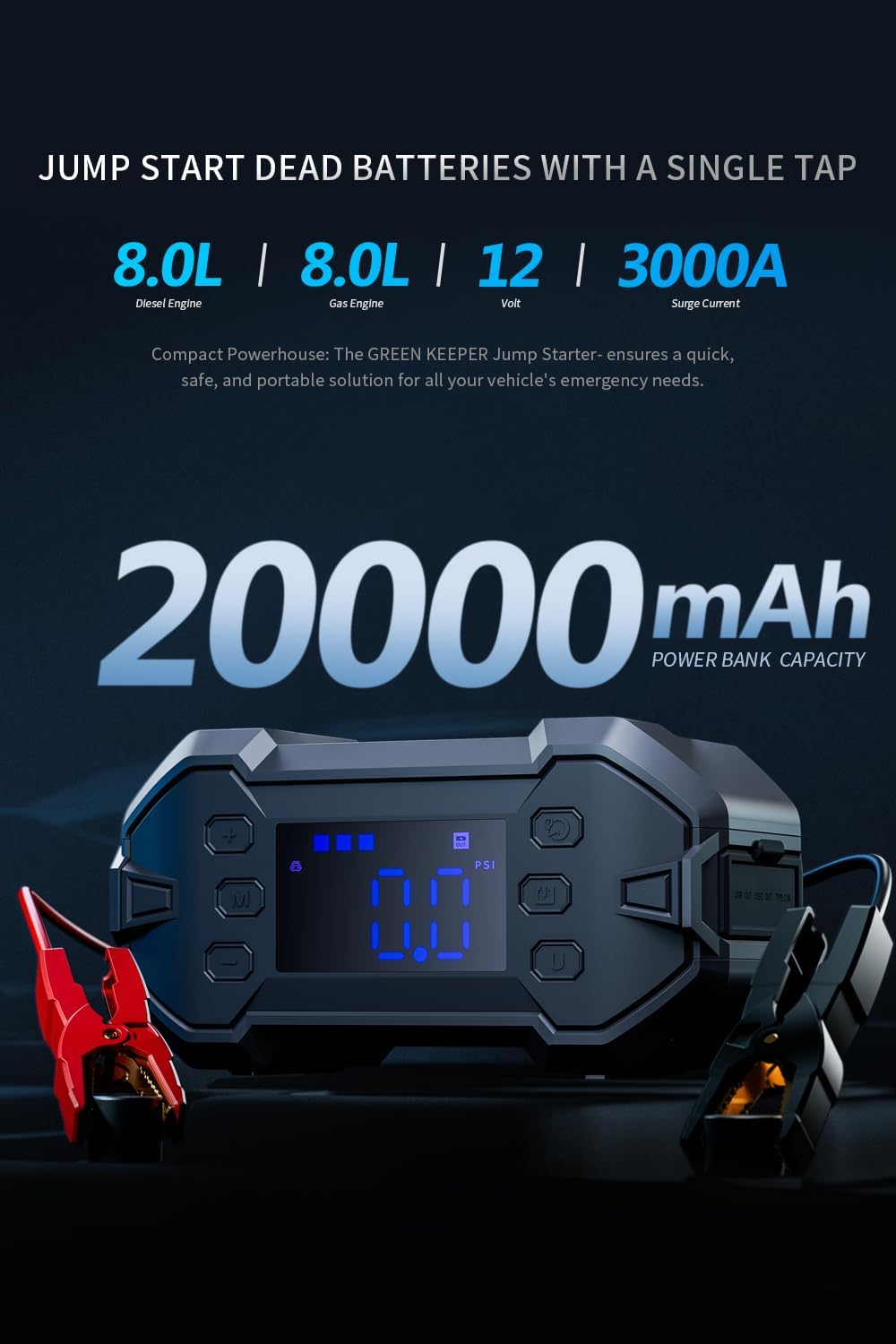Car Jump Starter 3000A with Air Compressor 12V Portable Battery Jumper for 8.0L Gas & Diesel Engines, Battery Booster Box with Power Bank, High-Efficiency Tire Inflator Emergecy Kit with Led-Lights image number 3