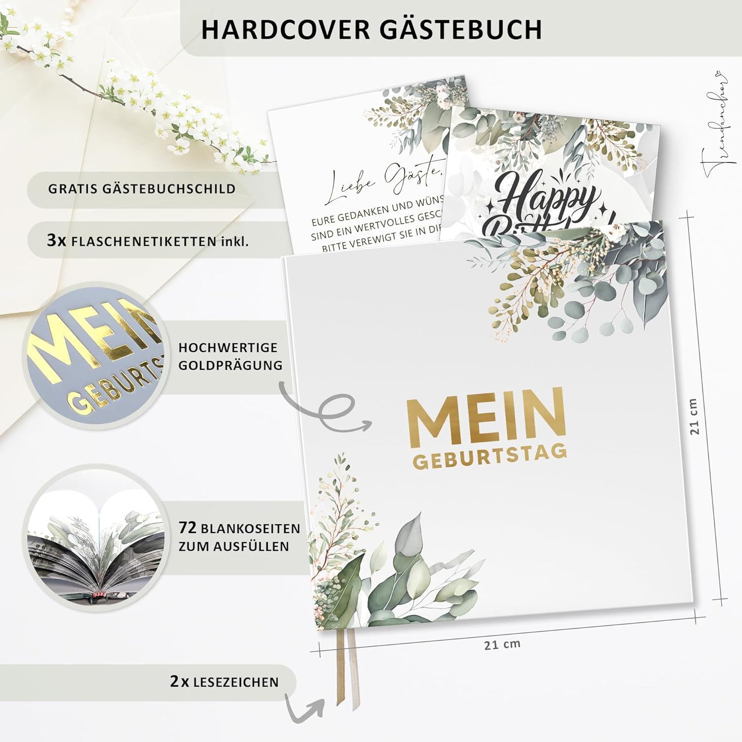 My Birthday Guest Book with Wine Labels - Memory Book Eucalyptus Look Family & Friends to Fill in No Questions - Blank Hardcover 72 Pages (Mein Geburtstag, 21 X 21 Cm) - 40 My Birthday image number 4