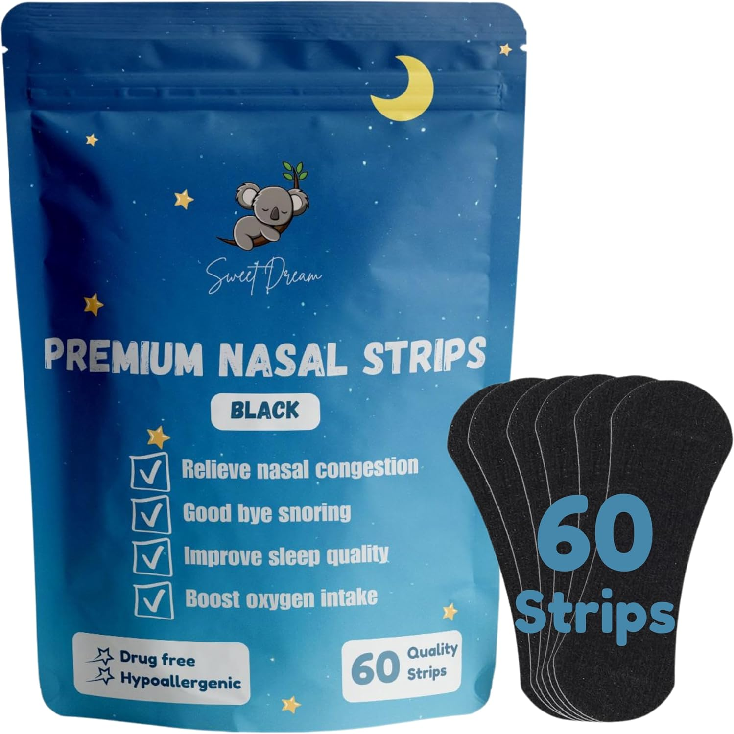 Nose Strips, Black &ndash; 60 Counts &ndash; Long Lasting, Strong Hold, Open Air Ways - Nasal Strips for Breathing - Extra Strength, Reduce Snoring and Mouth Breathing - Instant Nasal Congestion Relief. image number 2