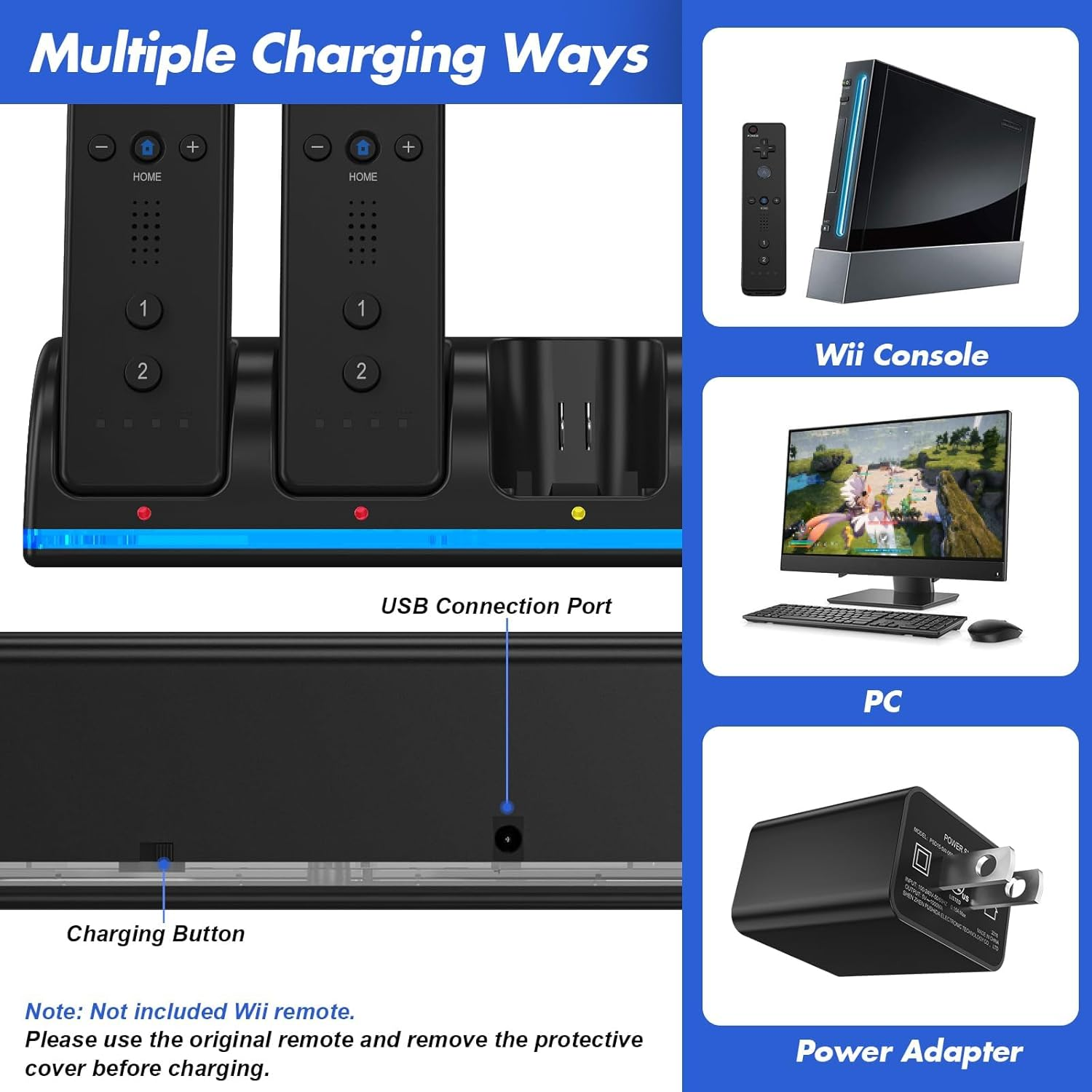 Remote Controller Charger for Wii/Wii U with 4 Pack 2800Mah Rechargeable Battery Pack, 4 Port Charging Station for Wii Controller, Remotes Are Not Included image number 6