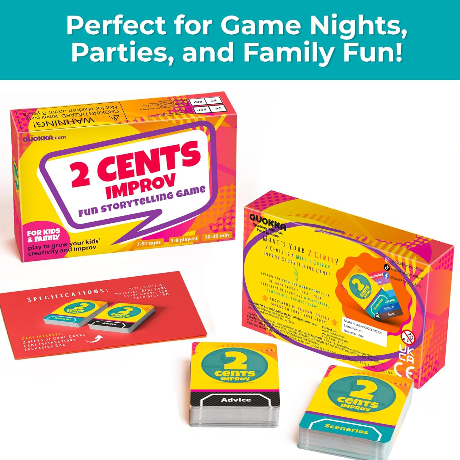 QUOKKA 2 Cents Family-Friendly Comedy Storytelling Game Cards - 60 Funny and Creative Improv Story Card Games - Fun Groups Gathering, Party Activities, Adult Game Night - 3-8 Storyteller Players image number 2