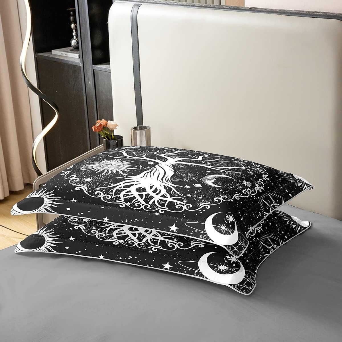 Tree of Life 100% Washed Cotton Duvet Cover 220 X 240 Cm Sun and Moon Comforter Cover, Psychedelic Galaxy Space Stars Bed Linen Sets Soft Microfibre Duvet Cover, Black White Room Decor image number 2
