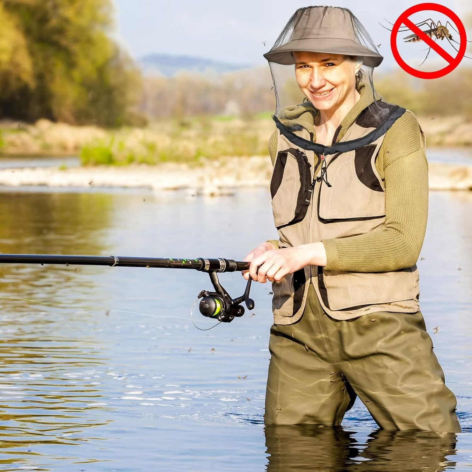 G GIEPHT 2 Pack Mosquito Head Net Mesh for Hiking & Outdoors,Bug Netting over Hat Adults Fishing,Insect Shield Protection Face Cover Mask Hood against Fly Midge Gnat, Black, Large image number 1