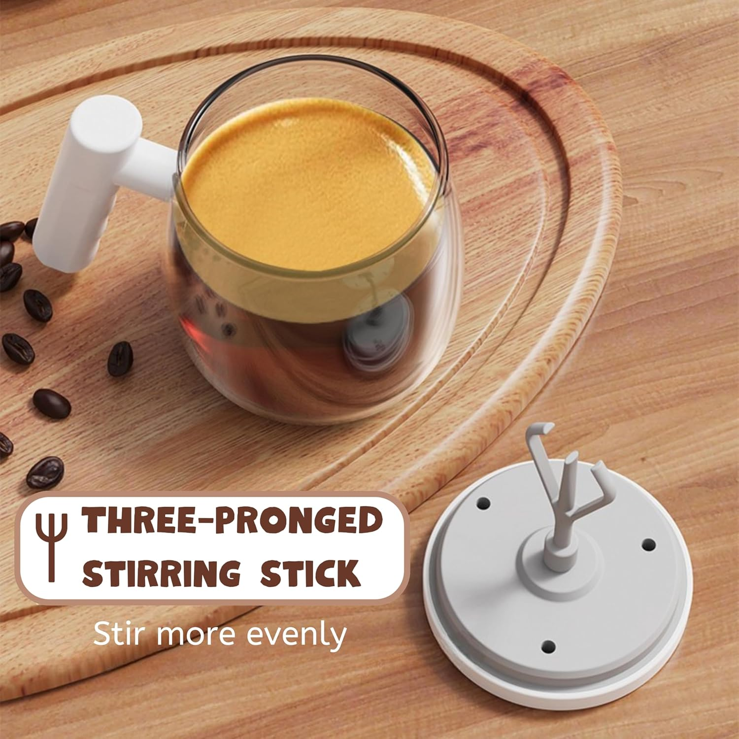 Electric High Speed Glass Self Stirring Coffee Mug with Lid, Rechargeable Automatic Mixing Cup Spinning Mug, Self Stir Mug with Detachable Stirring Rod for Home Office Travel (Rechargeable) (Khaki)