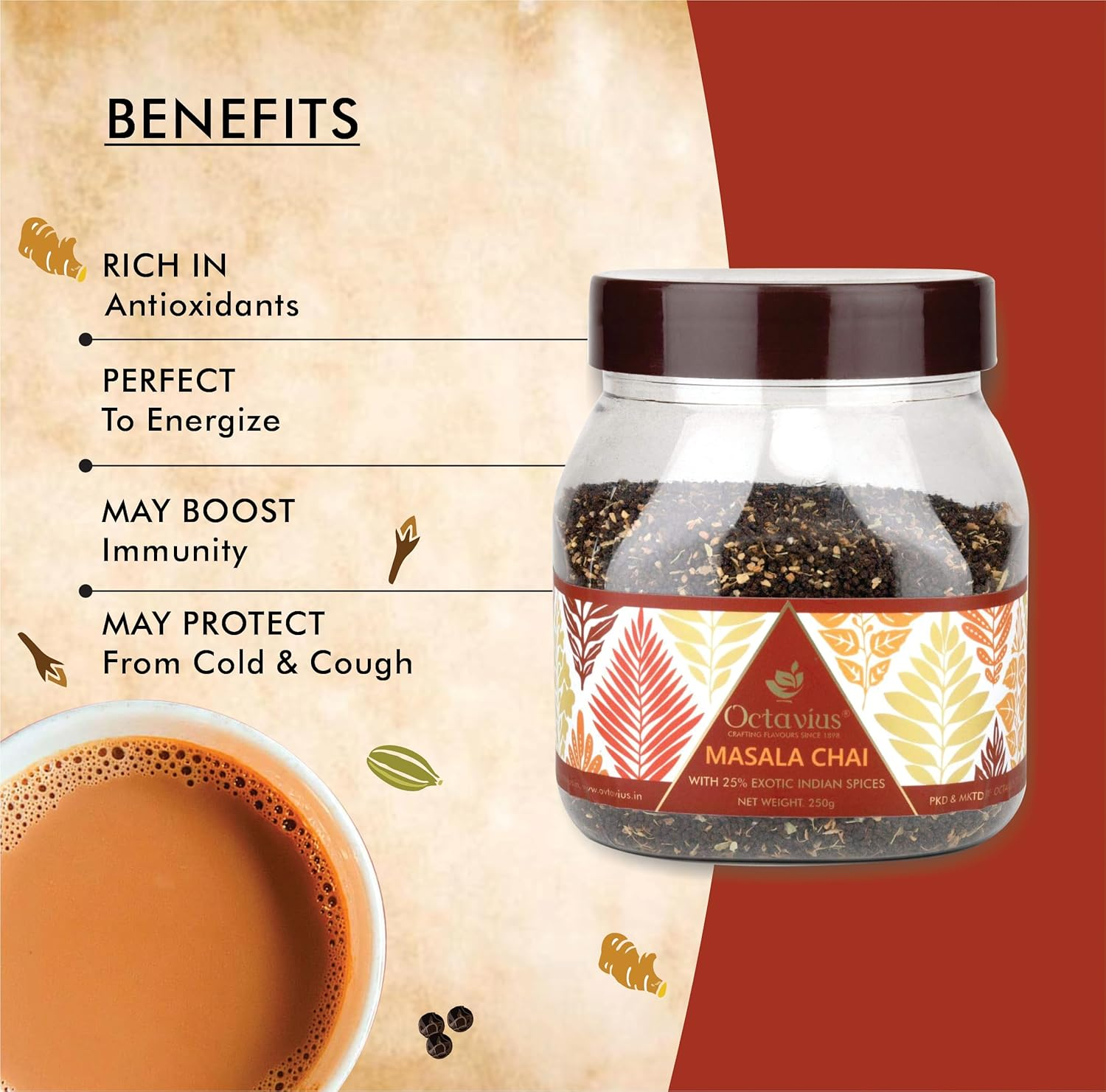 Octavius Masala Chai - 250 Gm Jar | 125 Cups | 100% Natural Spices | Masala Tea | Black Tea | Rich Taste & Aroma | Premium and Refreshing Spiced Tea image number 4