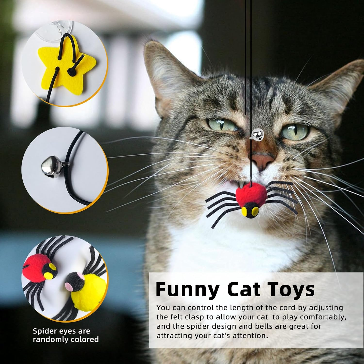 5-Pack Hanging Spider Cat Toys for Indoor Cats - Interactive Self Play Toy with Adjustable String for Door, Hands-Free Exercise & Boredom Relief for Kittens and Adult Cats