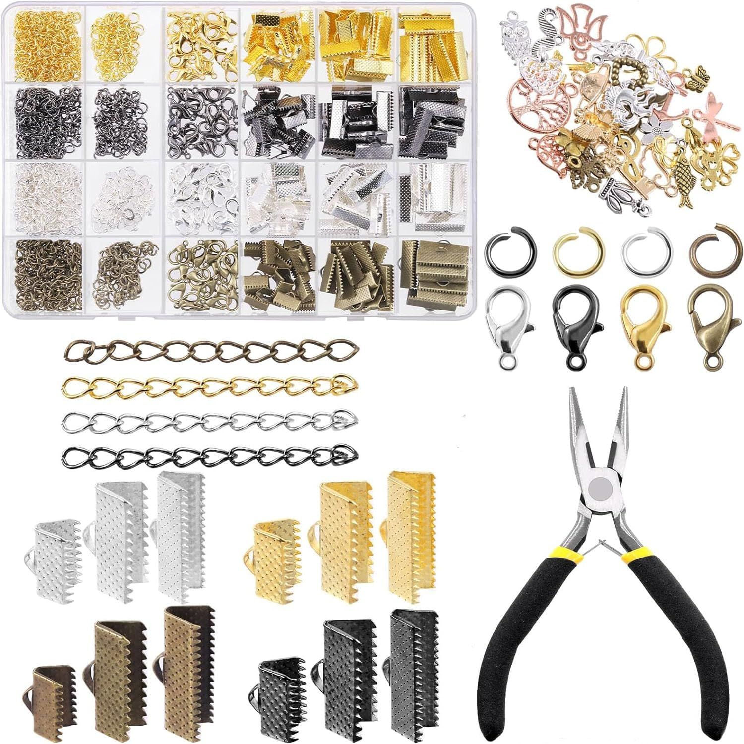 Paifeancodill Ribbon Bracelet with Pliers Tool Assortment Kit, Bookmark Pinch Crimp Ends Lobster Clasps with Jump Rings and Chain Extenders, Ribbon Clamps Ends with Pliers Set for Jewelry Making(771)