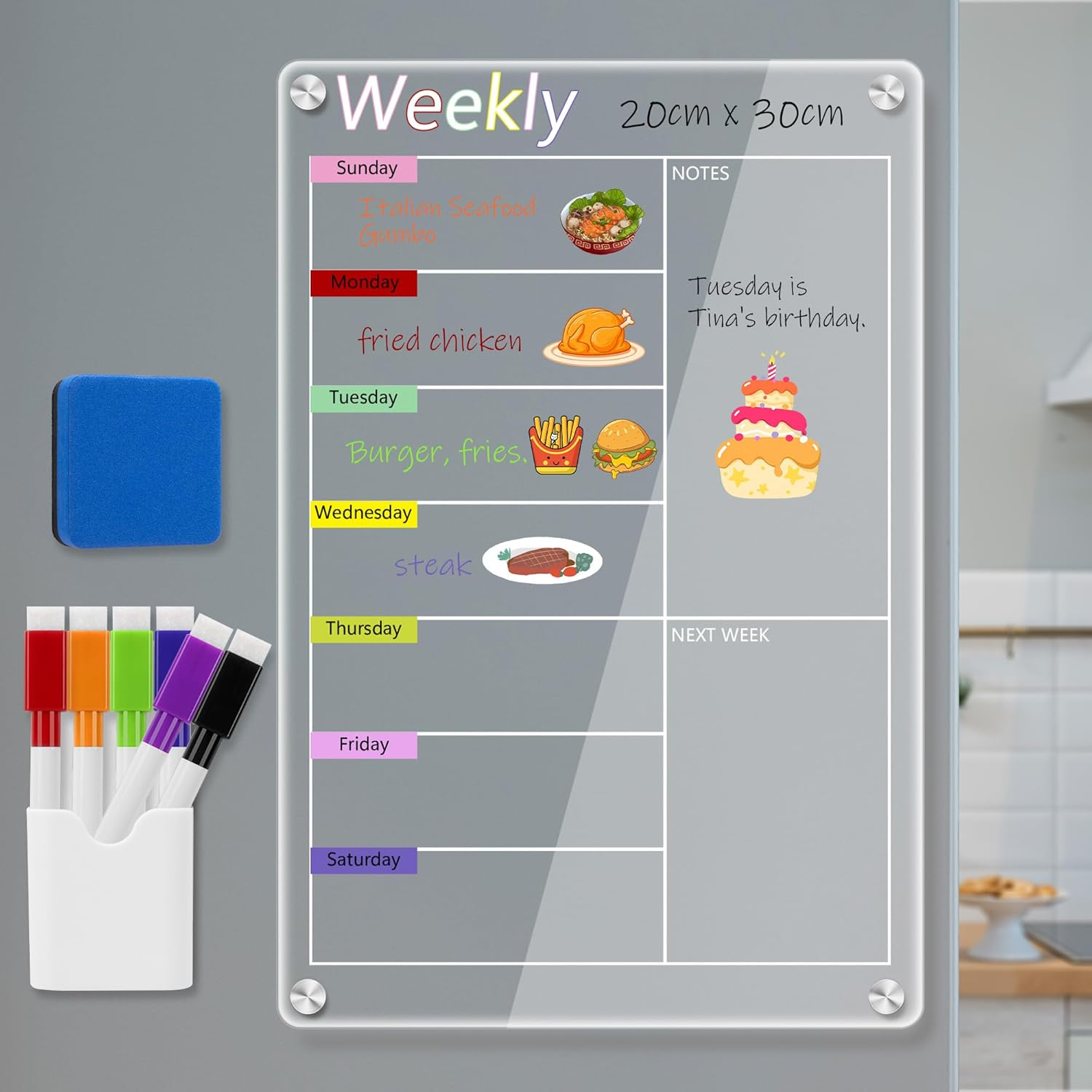 Zenbeya Clear Acrylic Meal Planner for Fridge, Magnetic Menu Board for Kitchen, Colorful Calendar Weekly Dry Erase Board for Refrigerator with 6 Magnet Markers & Eraser & Pen Holder (20X30Cm) image number 2