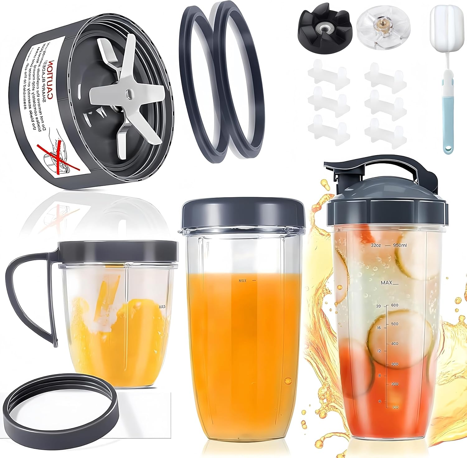 18PCS Blender Cups & Blade Replacement Set for Nutribullet 600W 900W, 32Oz 24Oz 18Oz Cups with Flip-Top Lid, Resealable Lid & Handle Ring, Extractor Blade, 2 Gears, 6 Shock Pads, Cleaning Brush image number 2