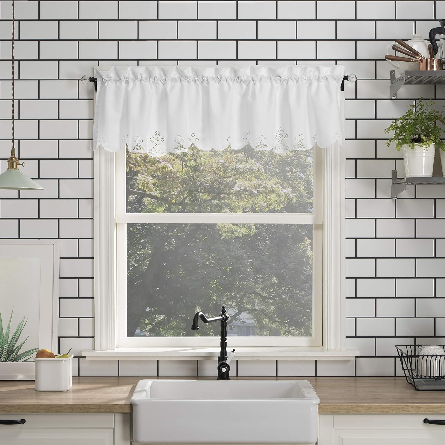 No. 918 Mariela Floral Trim Semi-Sheer Rod Pocket Kitchen Curtain Valance and Tiers Set, 58" X 24", White image number 6