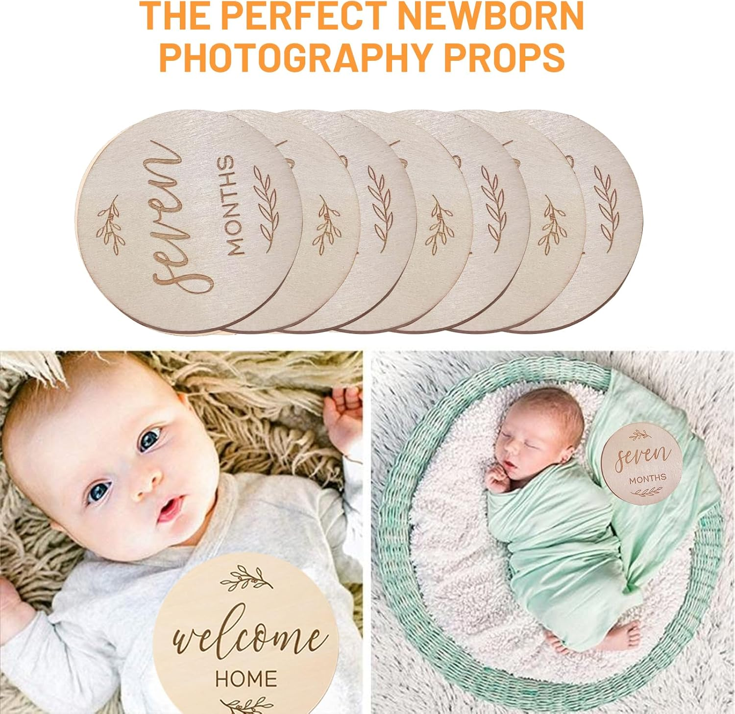 7 Pcs Wooden Baby Milestone Cards | Double-Sided Monthly Signs | Hello World Baby Sign | Newborn Infants 0-12 Months | Growth Recording Gift Set image number 1