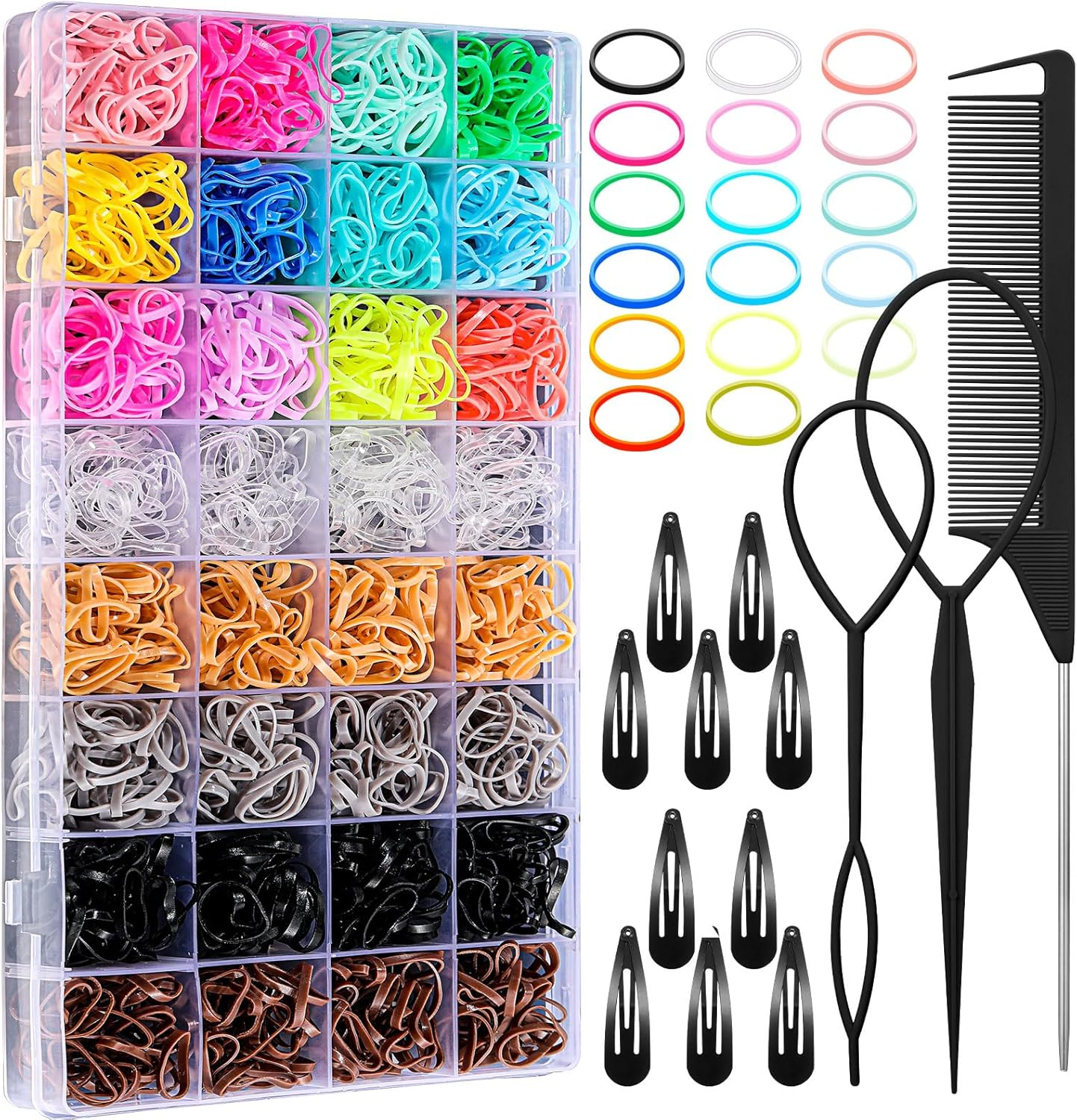 Hair Accessories Set - 1543 Pcs Elastic Bands in 20 Colors, Baby Ties, Tail Tools, Rat Tail Comb, Butterfly Clips with Organizer Box for Girls