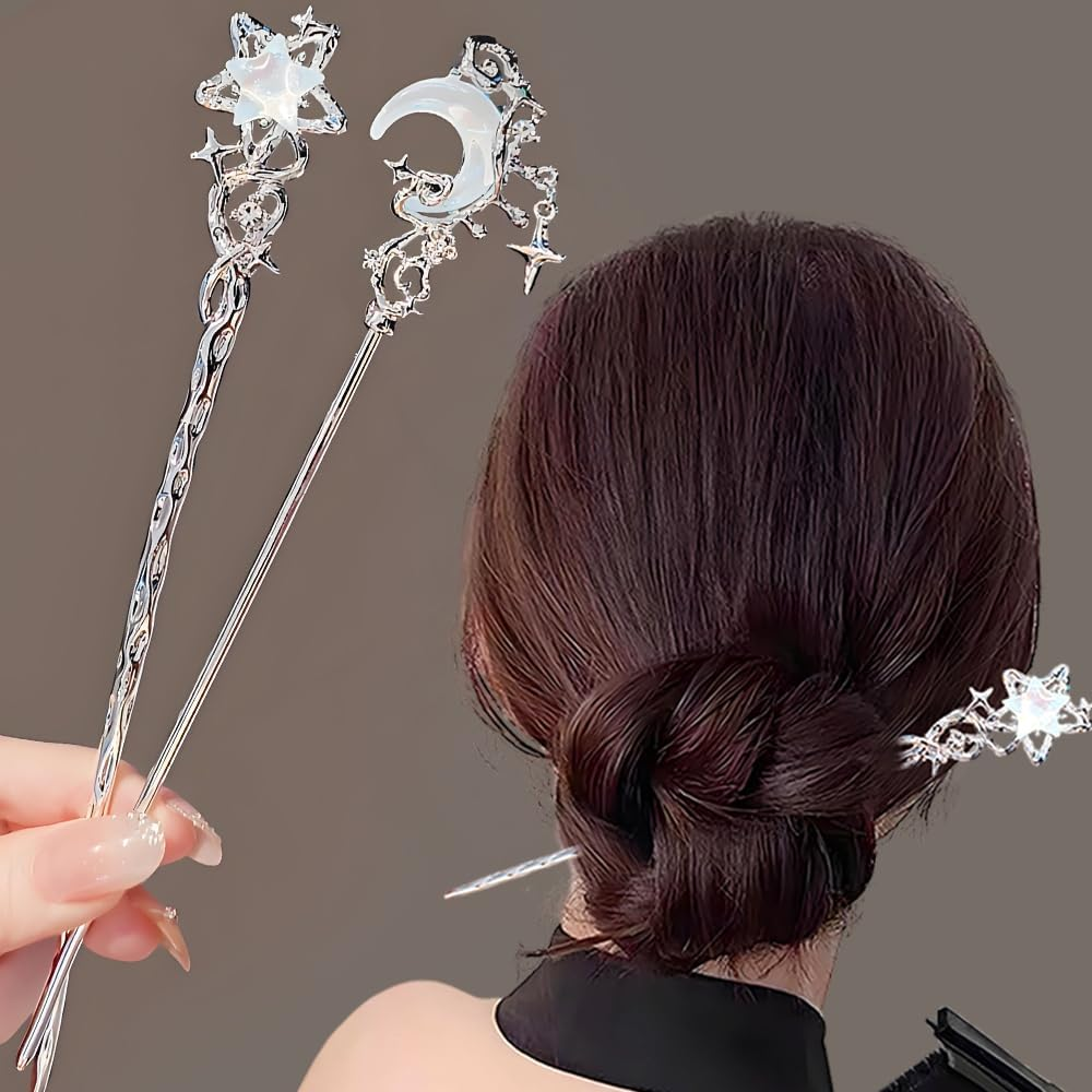 2Pcs Star Moon Hair Sticks for Buns Long Hair Metal Silver Hair Stick Pin Hair Chopsticks for Women Chinese Hairpin Hair Pin Vintage Hair Pins Hair Chopstick Hairstick Hair Accessories for Gifts image number 6