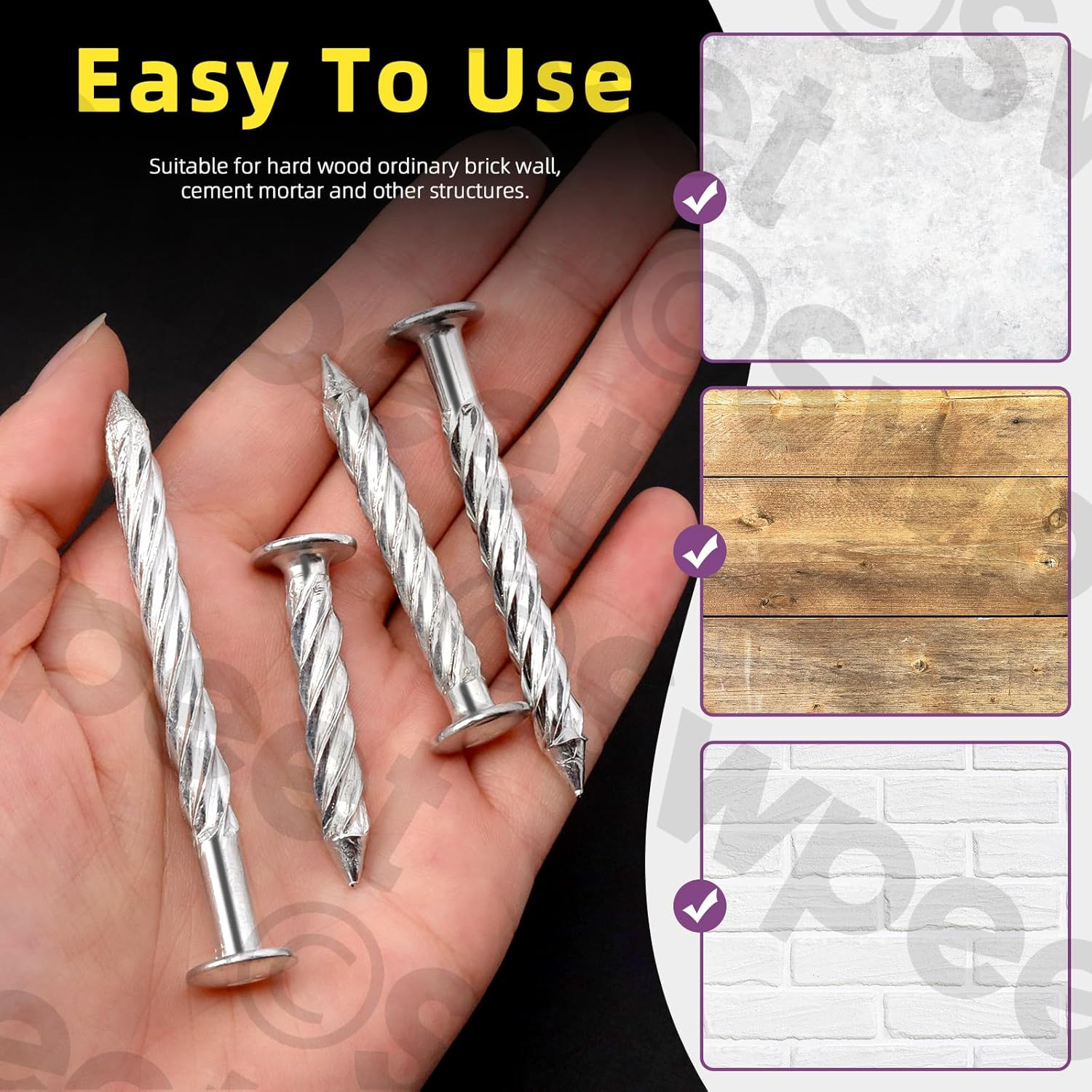 Swpeet 50Pcs 6.5 X 76Mm Galvanized Thread Twist Nail Kit, Concrete Wall Nail 304 Stainless Steel Nail Cement Nail Galvanized Solid Nail Steel Nail for Woodworking image number 2