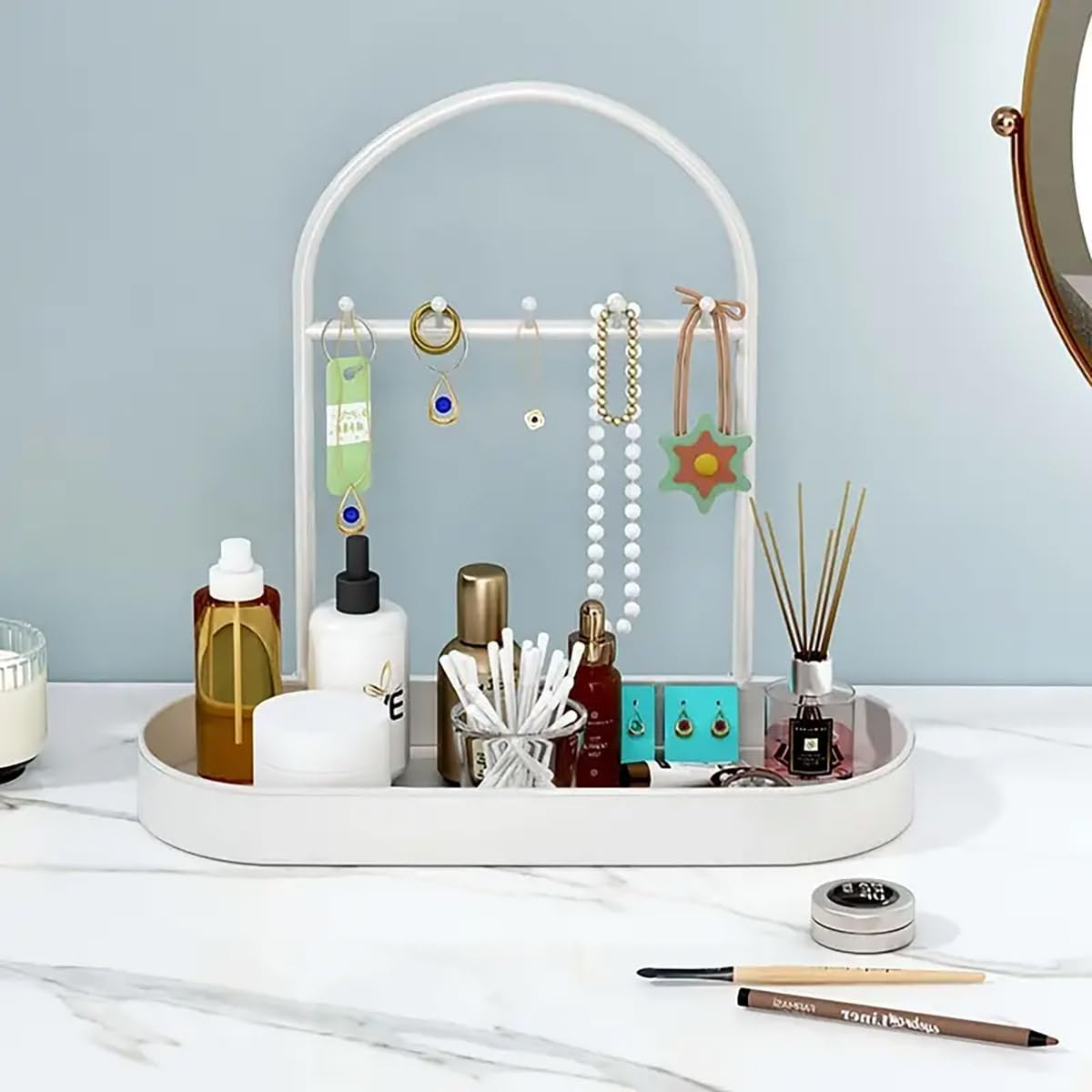 AIMALL Key Entry Door Storage Rack - Stylish Entrance Storage Organizer with Hooks for Keys, Jewelry, and Accessories, Shoe Cabinet and Mask Hanger - White image number 4