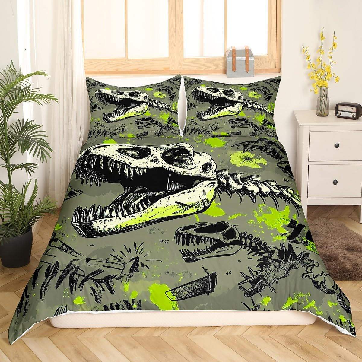 Homewish Dinosaur Duvet Cover Set, Gothic Dino Skull Comforter Cover, Jungle Animal, 135 X 200 Cm Bed Linen Set, Dinosaurios Skeleton Bed Set, Wildlife Room Decor image number 1