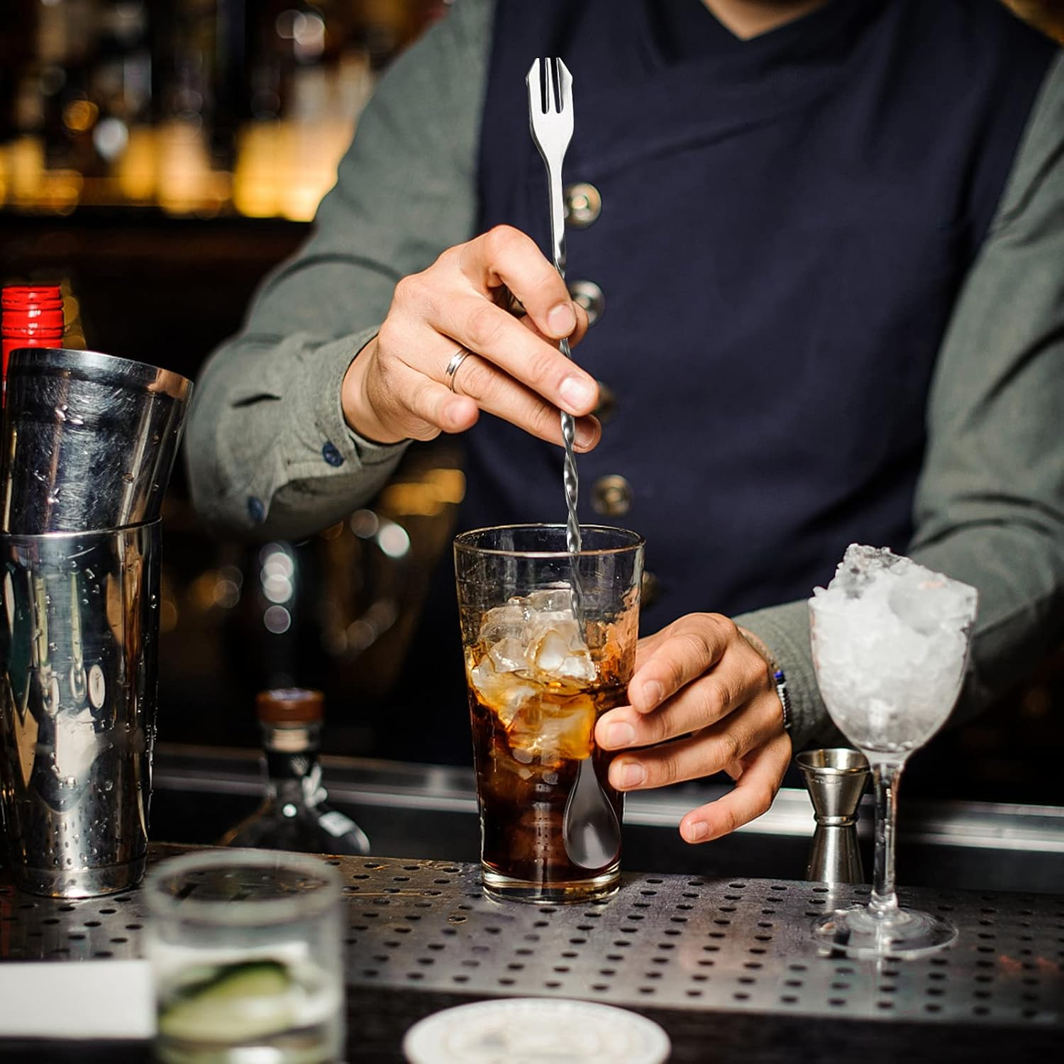 YOTIPP 10 Inch Stainless Steel Cocktail Muddler and Mixing Spoon Professional Home Bar Tool Set image number 5