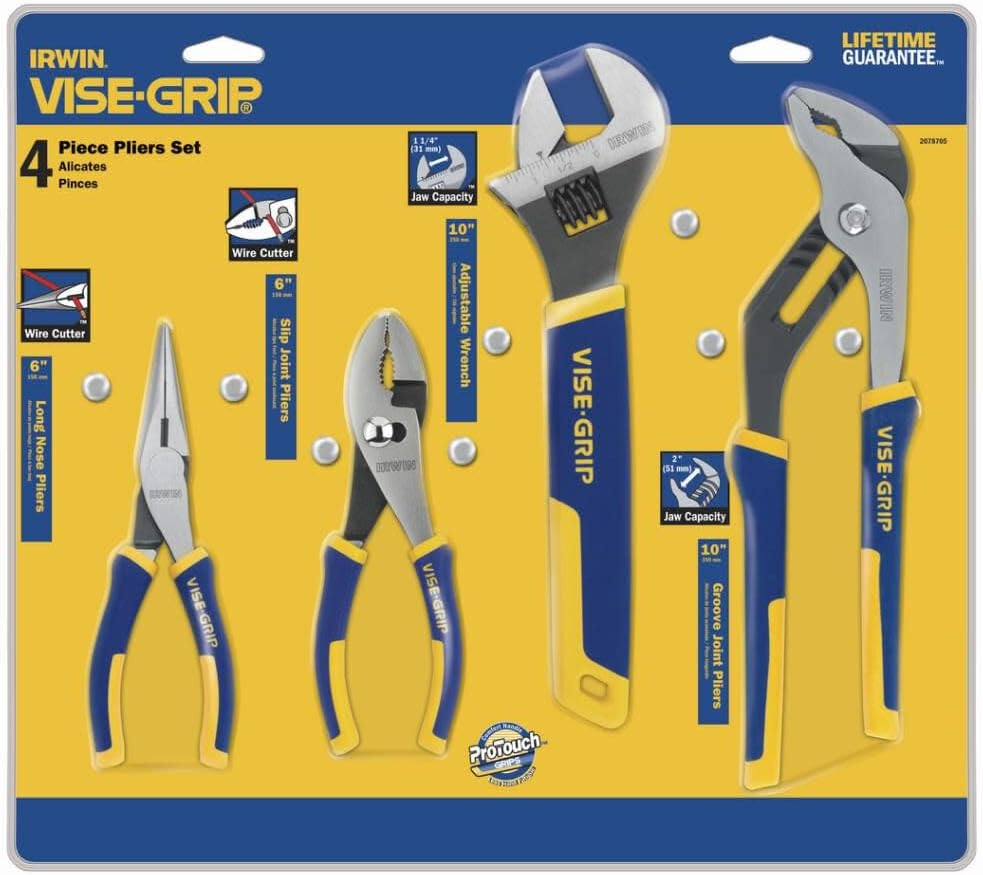 IRWIN Tools Long Nose, Slip Joint, Adjustable Wrench and Groove Joint Propliers Set, 4-Piece (2078705)