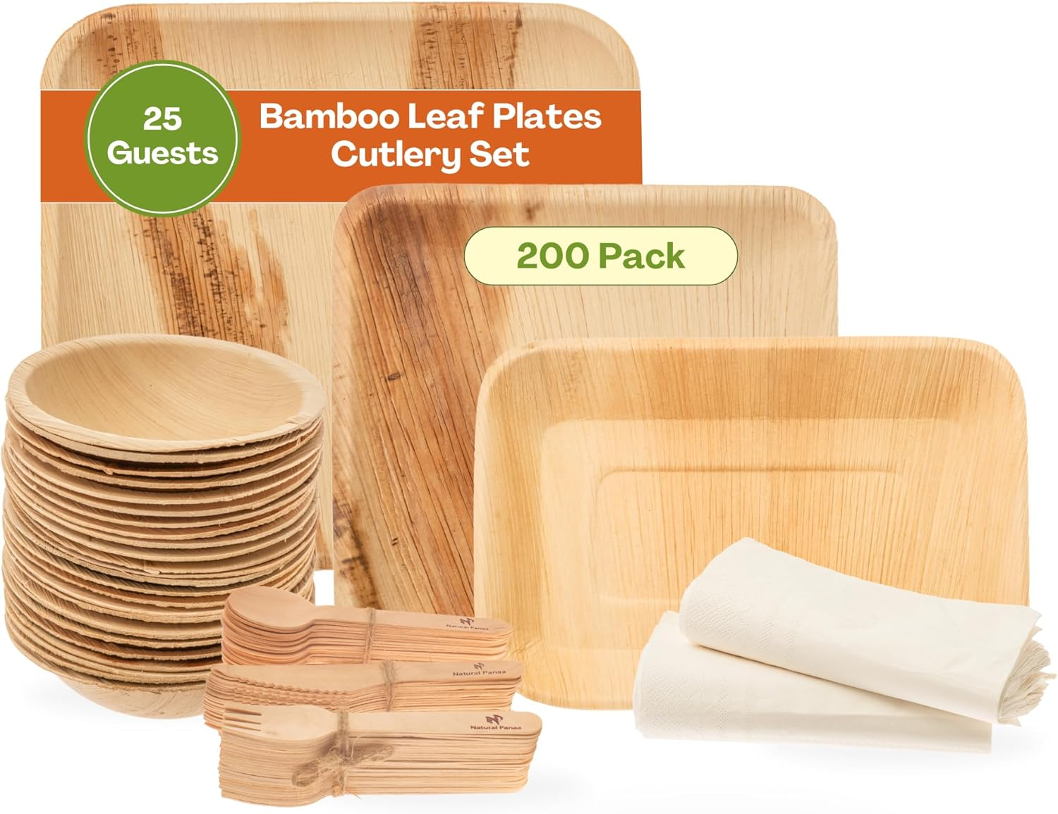 Natural Panaa 200 Pieces Biodegradable, Disposable Plates Party Paper Plates Set - Mother Nature'S Choice for Bamboo Party Plates and Party Cups | 100% Compostable Disposable Cutlery image number 3