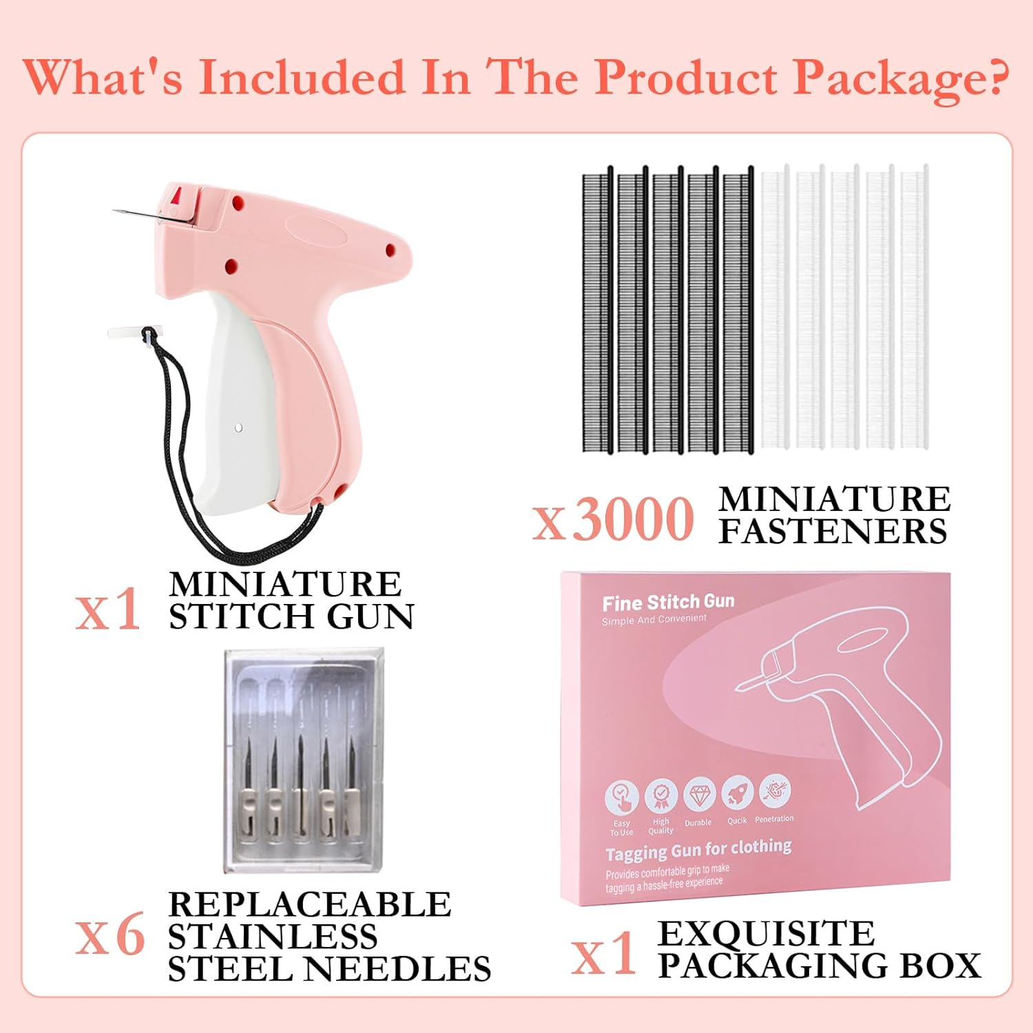 Tagging Gun Kit, Handheld Stitch Fine Stitch Tool Gun Quick Clothing Fixer, Mini Stitch Mending Quilting Gun for Clothes, Includes 5 Replacement Needle, 1500 White & 1500 Black Micro Fasteners (Pink) image number 2