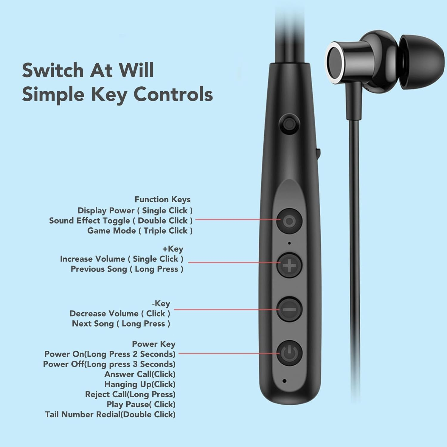 Oreilet Neckband Bluetooth Headphones, Wireless Stereo Neckband Earbuds, Semi in Ear Headsets for Sport Business Workout Office Cycling Game Gym image number 6