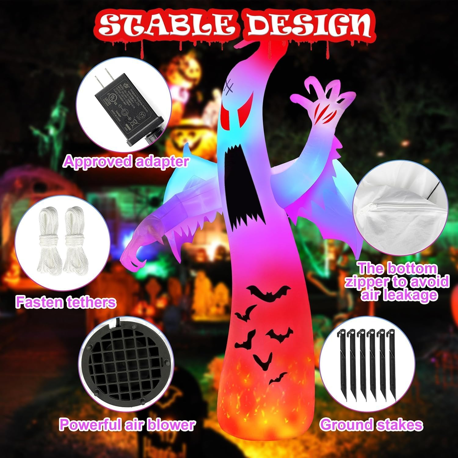 Halloween Inflatables Ghost Decorations Outdoor, 12FT Giant Ghosts of Halloween with Wings Scary Spooky Ghost Colorful Flashing and Flame for Outdoor Yard Decorations, Garden, Lawn image number 4