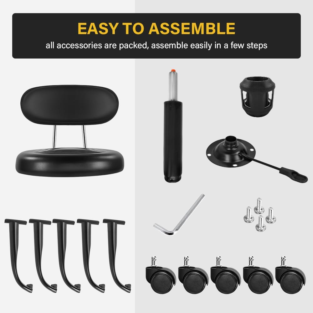 Rolling Stool with Wheels Swivel Stool with Back Height Adjustable Chair PU Leather Rolling Stools Ideal for SPA Salon Home Office Drafting Work (Black) image number 2