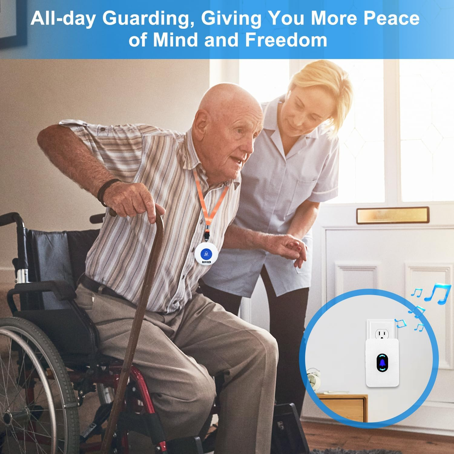 Wireless Caregiver Pager Alert System SOS Call Button for Patient Elderly Personal Home Attendant Nurse Seniors and Disabilities, 2 Receivers & 2 Portable Transmitters image number 3