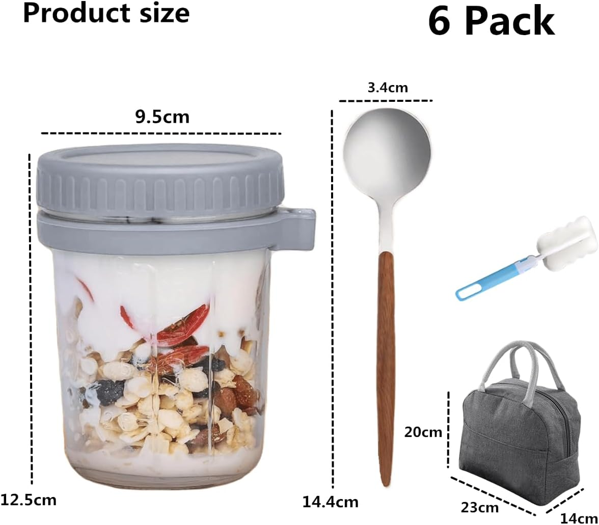 Kitment 6Pack Overnight Oats Container Jars, Oatmeal Containers with Lid and Spoon, 10Oz/350Ml Glass Mason Airtight Jars with Measurement Marks for Cereal, Yogurt, Milk, Vegetable, Fruit, Salad (Gray) image number 5