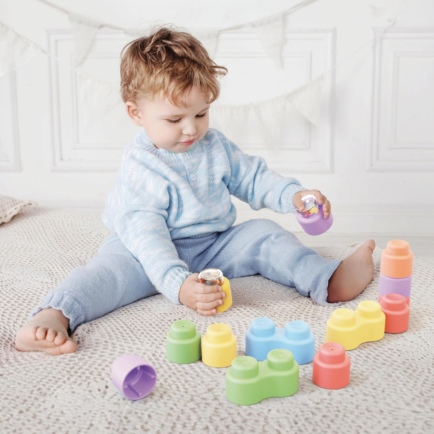 Quercetti - 4145 MOMY Soft Happy Sound, 18 Pieces Soft Plastic Building Blocks Toy for Children image number 4