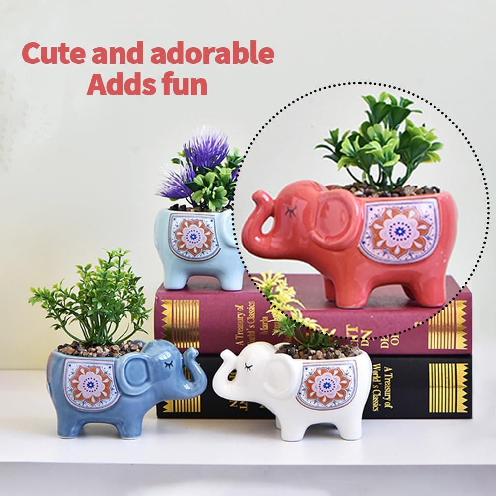 TOMVAES Elephant Ceramic Flower Pot,Cute Animal Indoor Flower Succulent Planter Modern White Ceramic Cactus Planter Pots for Home Garden Offices Desktop (Red) - White image number 4