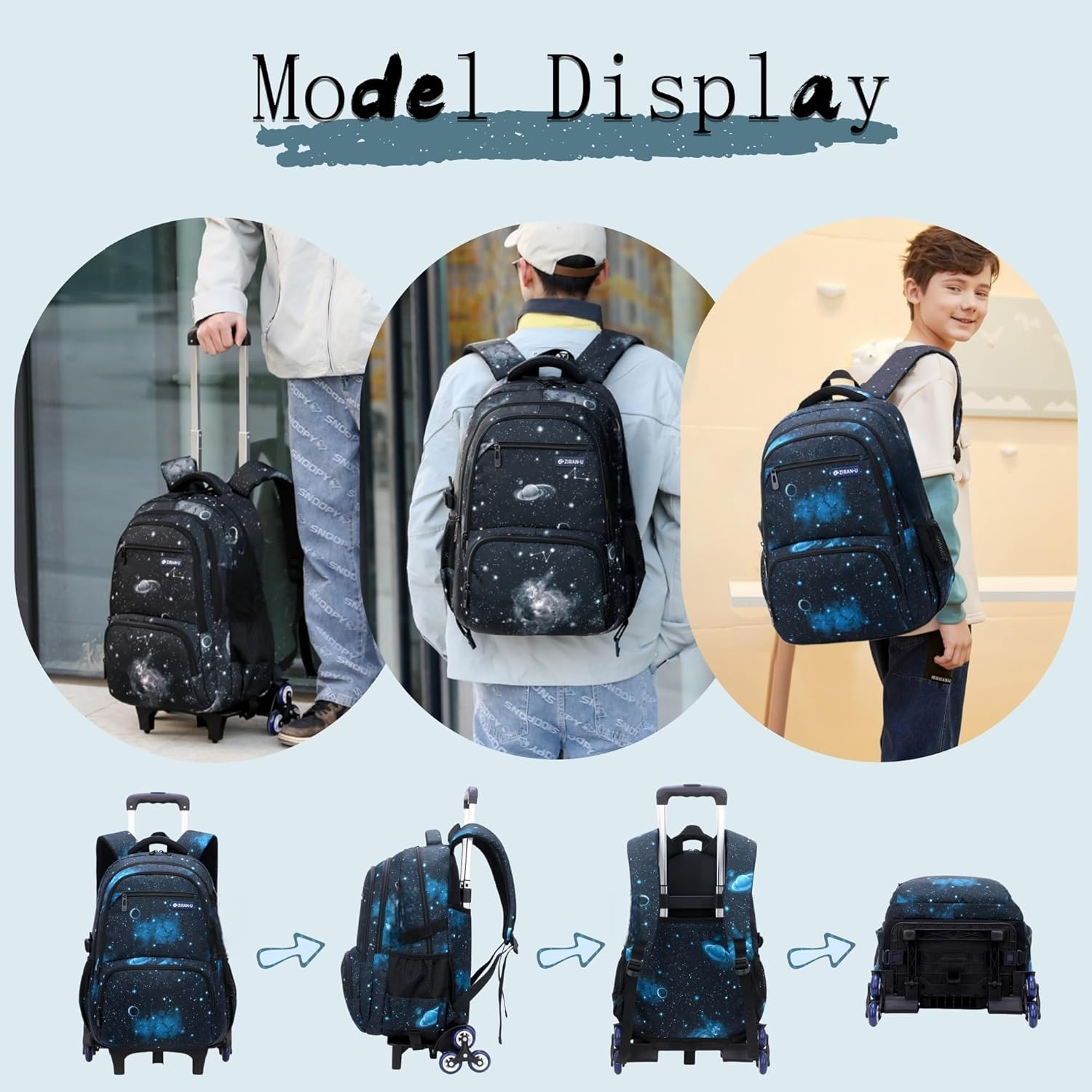 Galaxy Print Rolling Kids Backpack for Boys School Bag Elementary Bookbag with Wheels, 3Pcs-Style B-Galaxy-Black Blue, 3Pcs Rolling Backpack Set, Daypack Backpacks image number 4