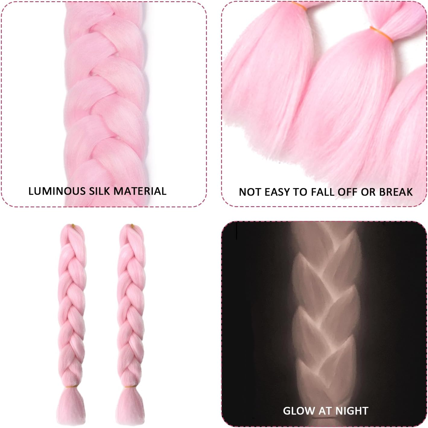 2 Pieces Bright Pink Wigs 60Cm Glow in the Dark Wig Extension Braid Braid Wig Hair Braid Twist Braid Wig image number 1