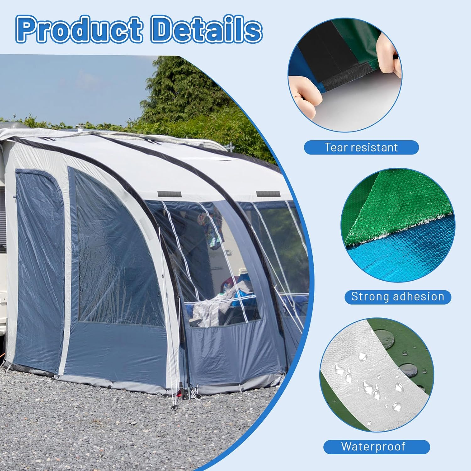 Huakaile Blue Tent Repair Tape, 25 Ft X 3" Waterproof RV Awning Repair Tape, Outdoor Heavy Duty Tarp Patch Kit for Camper Boat Cover Canvas Seam Sail Tarpaulin - Blue image number 3