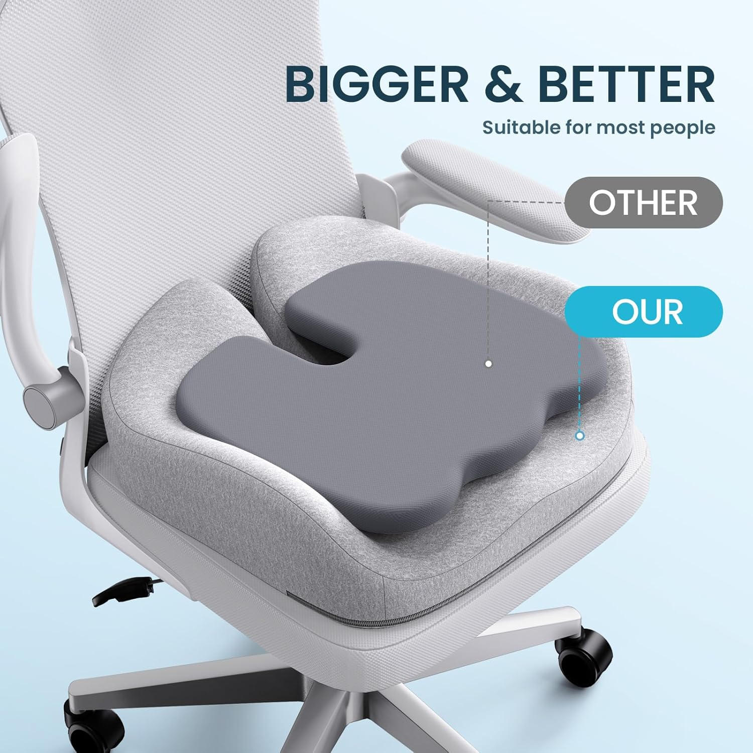 Benazcap Seat Cushion, Memory Foam Cushion for Office Chair - Ergonomic Chair Cushions for Tailbone Pain Relief, Sciatica & Back Support, Office Chair Cushion & Car Seat Cushion, Grey image number 3