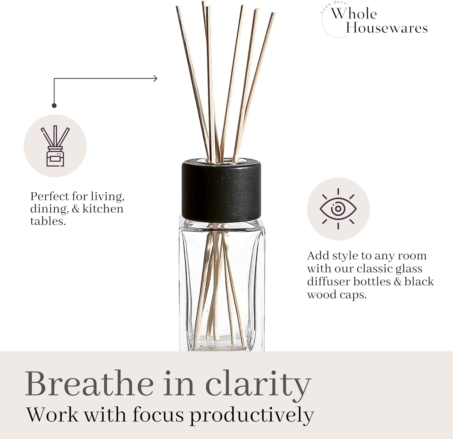 Whole Housewares 100ML 3.4Ounce Clear Glass Diffuser Bottles with 24Pcs Natural Reed Sticks, 4.7" H Square Diffuser Bottle with Black Wood Caps, Set of 4 image number 3