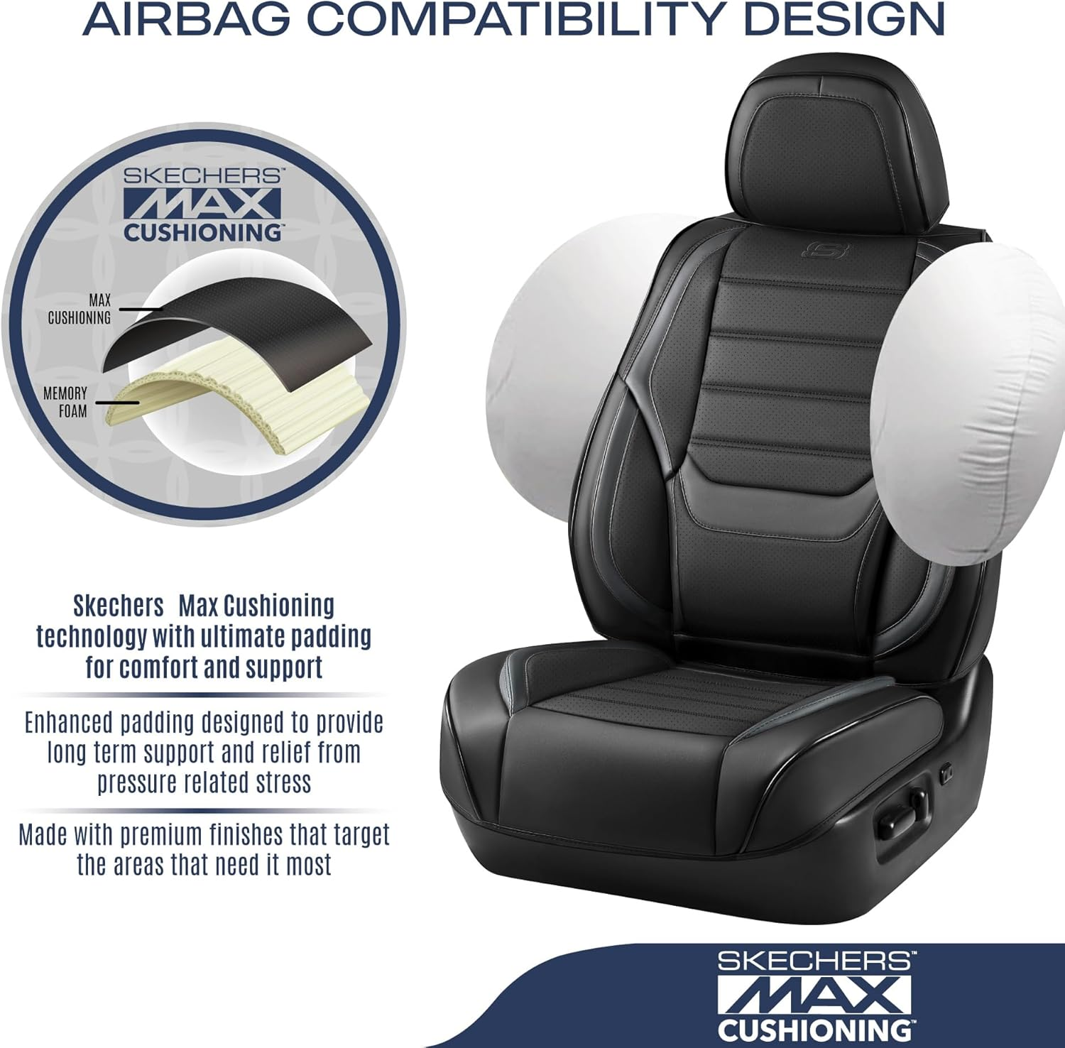 Skechers MAX Cushioning Seat Covers,Memory Foam Leather Car Seat Covers,Waterproof Car Seat Protector Full Sets,Car Seat Cushion Airbag Automotive Universal Fit for Most Cars,Vans,Trucks,Suv,Grey image number 3