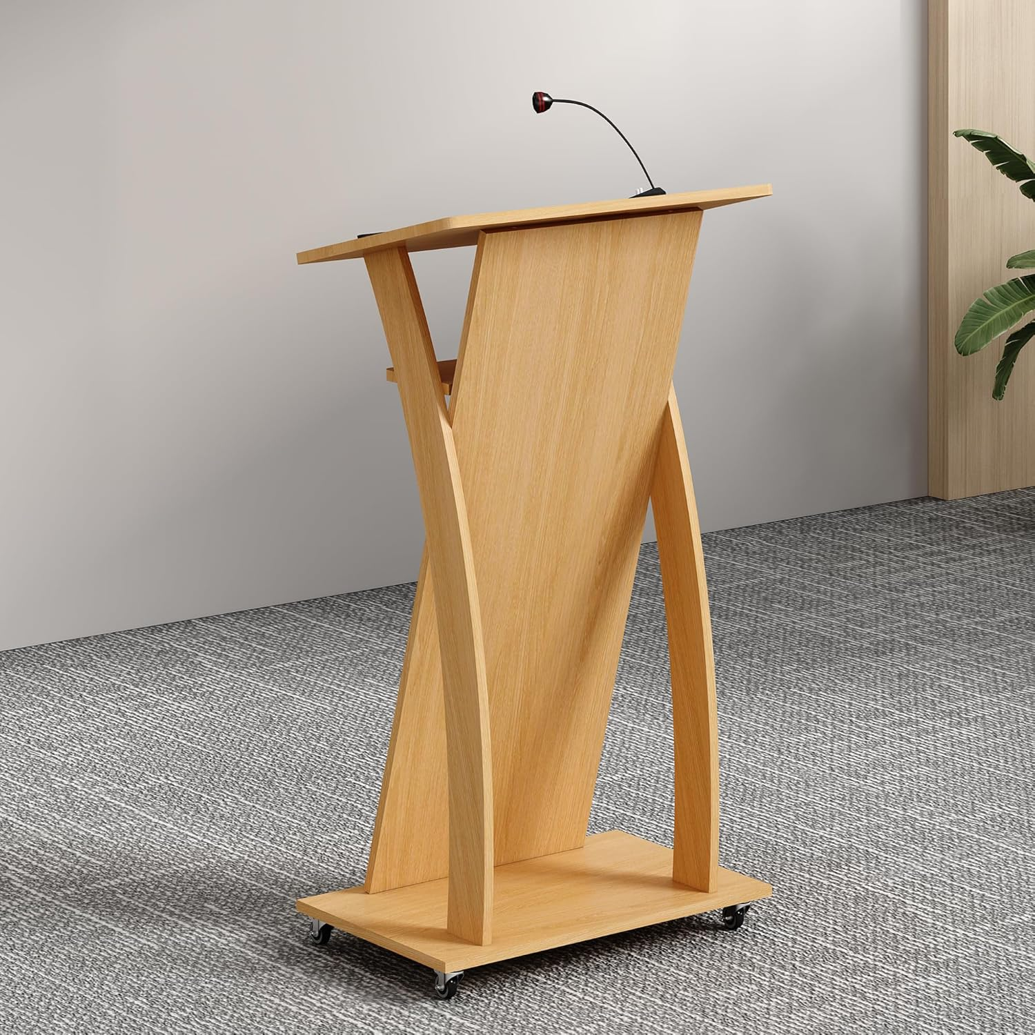 Xibolai Wooden Podium Stand Wheeled Lectern Oak Color 16MM Wood Board Elegant Design with Storage Wooden Pulpit for Restaurants Churches Seminars and Schools