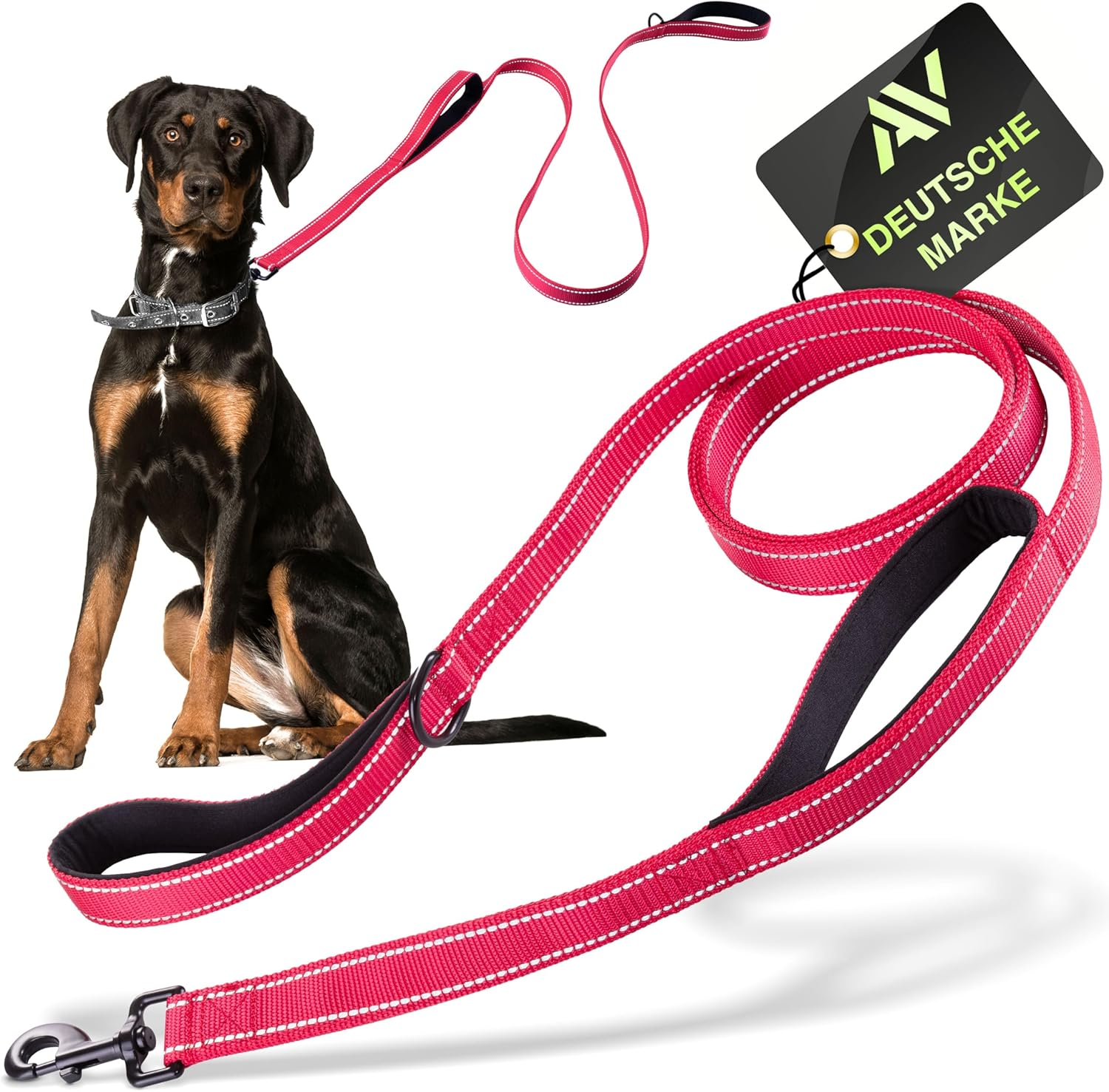 AVANA Reflective Dog Lead with Integrated Short Lead, 2 Hand-Friendly Padded Hand Loops, 1.5 M Long Reflector Nylon Lead for Large and Medium Dogs, Neon Green