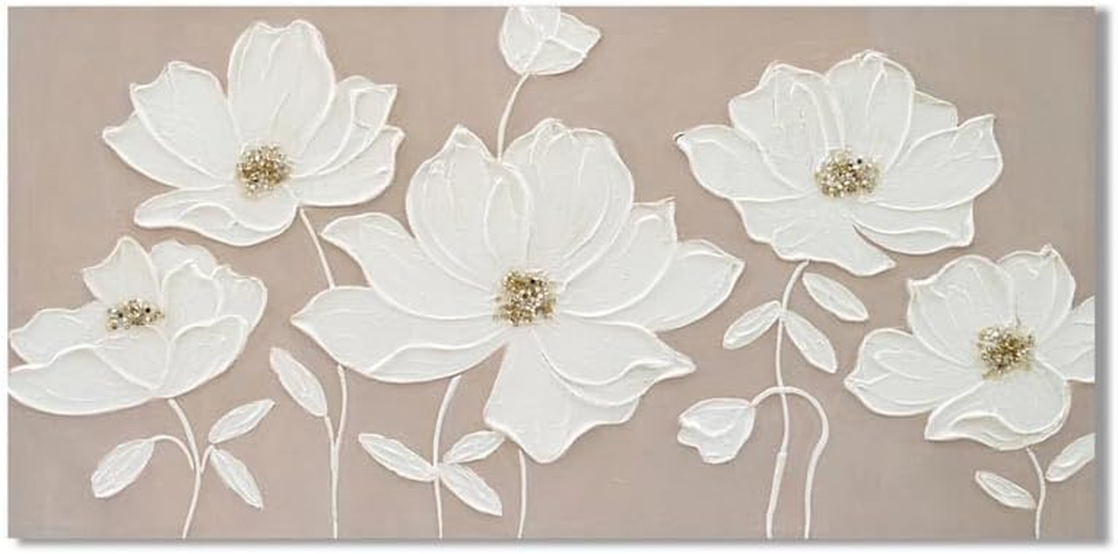 LYLAC 3D White Floral Canvas Wall Art, Modern Textured Flowers Painting, Beige Background 60X120X3CM