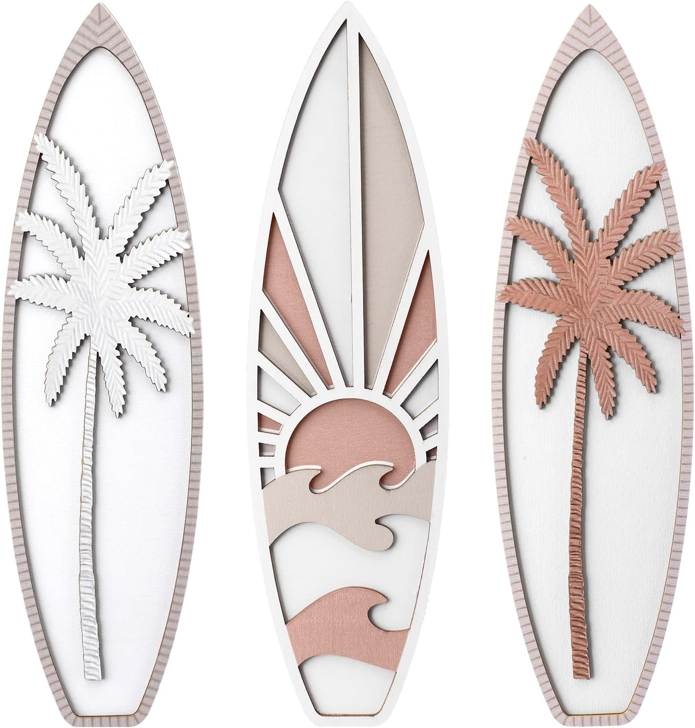 Rattanview 3 Pieces Surfboard Decor for Bedroom Wooden Beach Wall Decor Summer Wood Surfboard Wall Hanging Sign for Tropical Living Room Decoration (Coconut Tree,Boho Color) - As Picture Shown image number 7