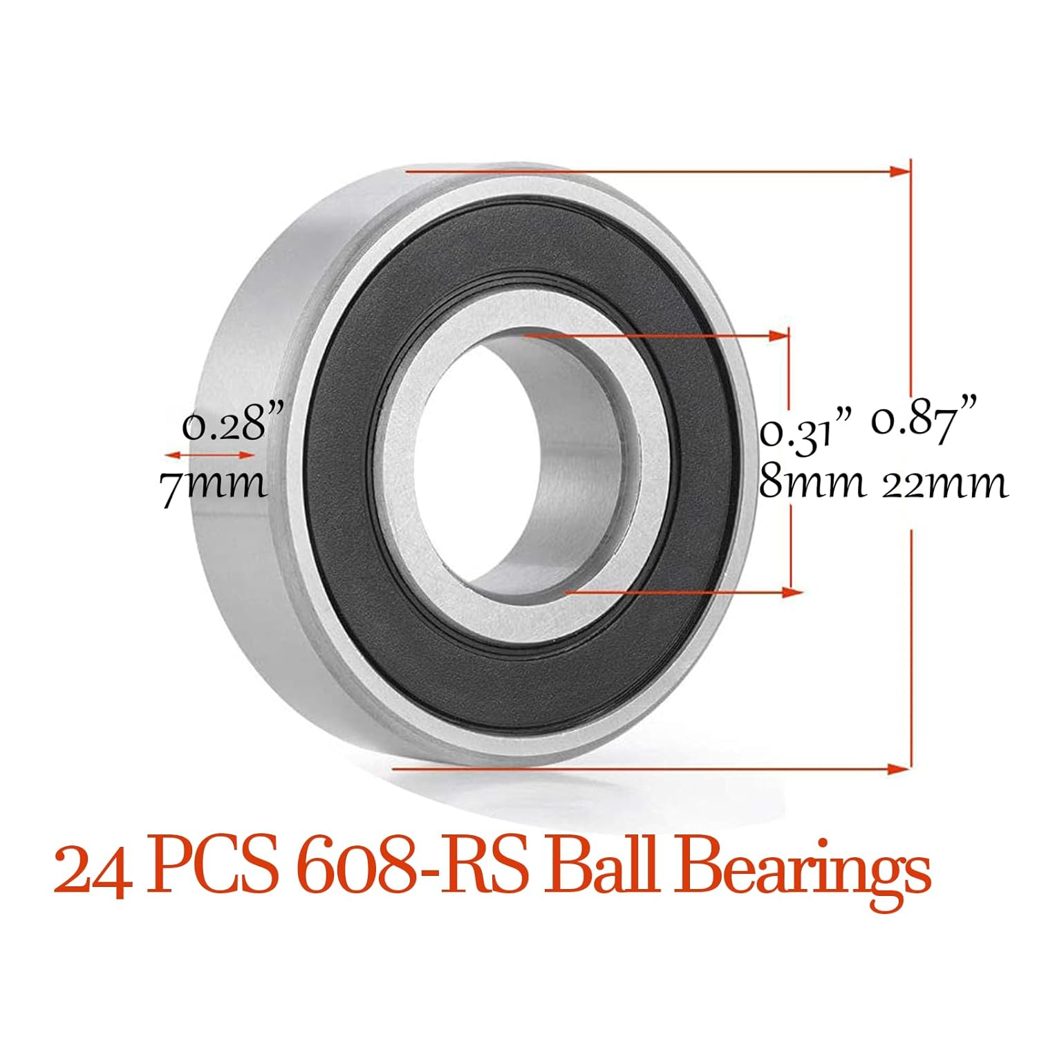 Yeanifeana 24PCS 608-RS Ball Bearing, Double Rubber Sealed Shielded Miniature Deep Groove Bearings for Skateboards, Skates, Scooters & Longboards, High Speed, Low Noise, Durable image number 6