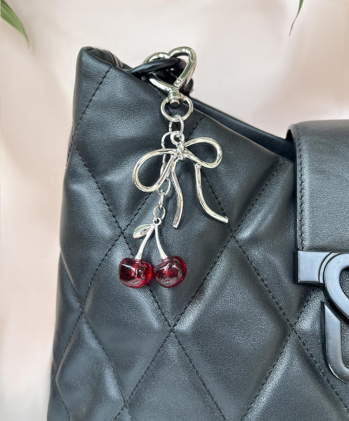 Cherry Keychain Cute Cherry Bag Charm Bow Keychain for Women Bag Keys Backpack Decor - Gold Pink B image number 3
