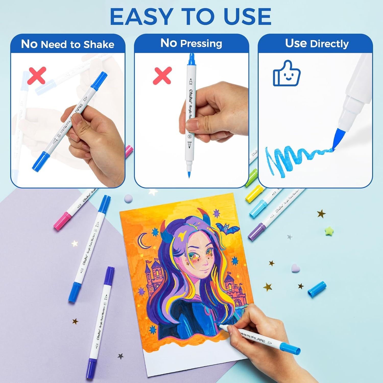 Ohuhu Acrylic Paint Markers Cotton-Core: 36 Colours Dual Tips (Brush & Dot) Paint Pens High Opacity Acrylic Markers Waterproof Lightfast for Rock Painting Easter Eggs Wood Glass Ceramic Canvas image number 2