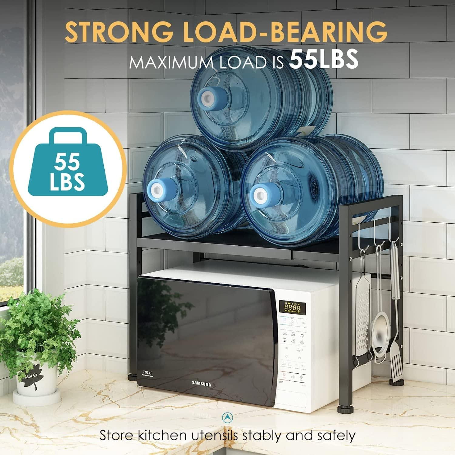 Expandable Microwave Oven Rack Shelf, Mankiapro Adjustable Width & Height Kitchen Counter Stand Countertop Organizer Microwave Toaster Stand Kitchen Storage Rack 2 Tiers with 3 Hooks image number 4