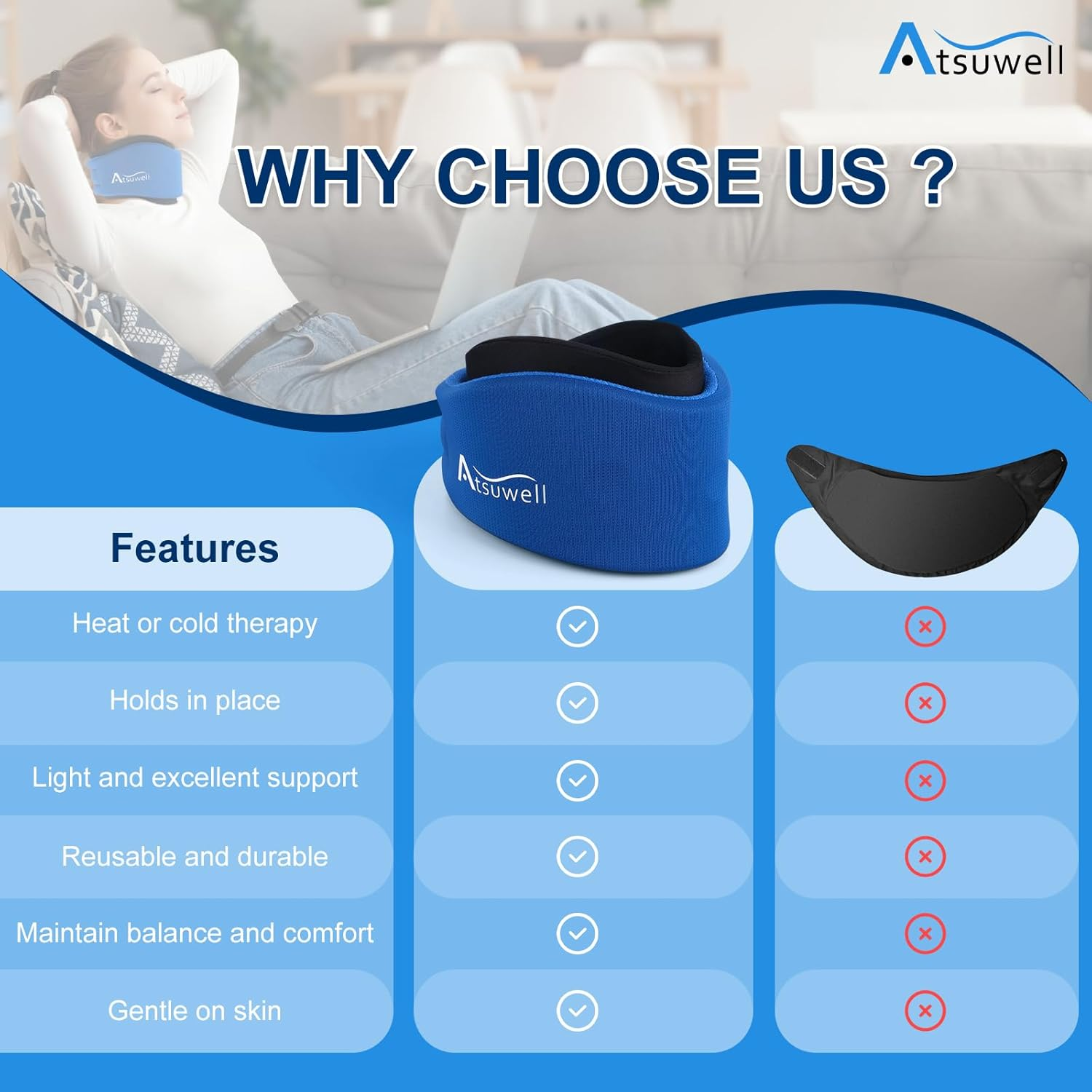 Atsuwell Neck Brace for Sleeping, Soft Cervical Collar for Neck Pain and Support, Adjustable Neck Support Brace with Hot Cold Gel Packs Reusable for Office Pressure, Surgery Recovery, Fatigue, Blue image number 5